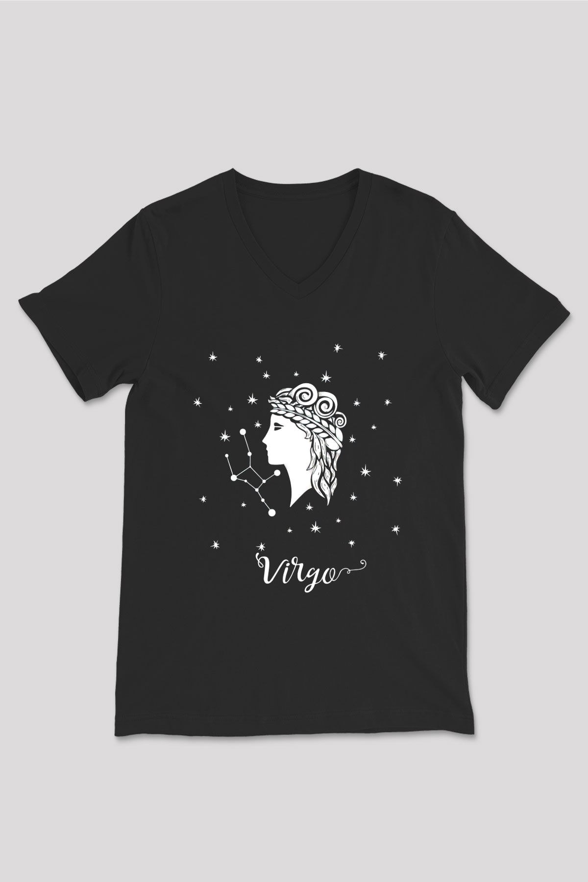 Başak Burcu Baskılı Unisex Siyah V Yaka Tişört - Tshirt