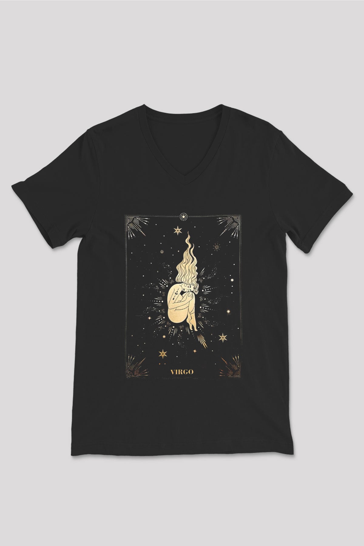 Başak Burcu Baskılı Unisex Siyah V Yaka Tişört - Tshirt