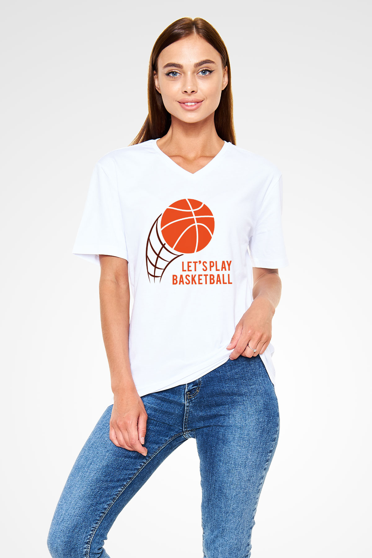 Basketbol Beyaz Unisex V Yaka Tişört T-Shirt