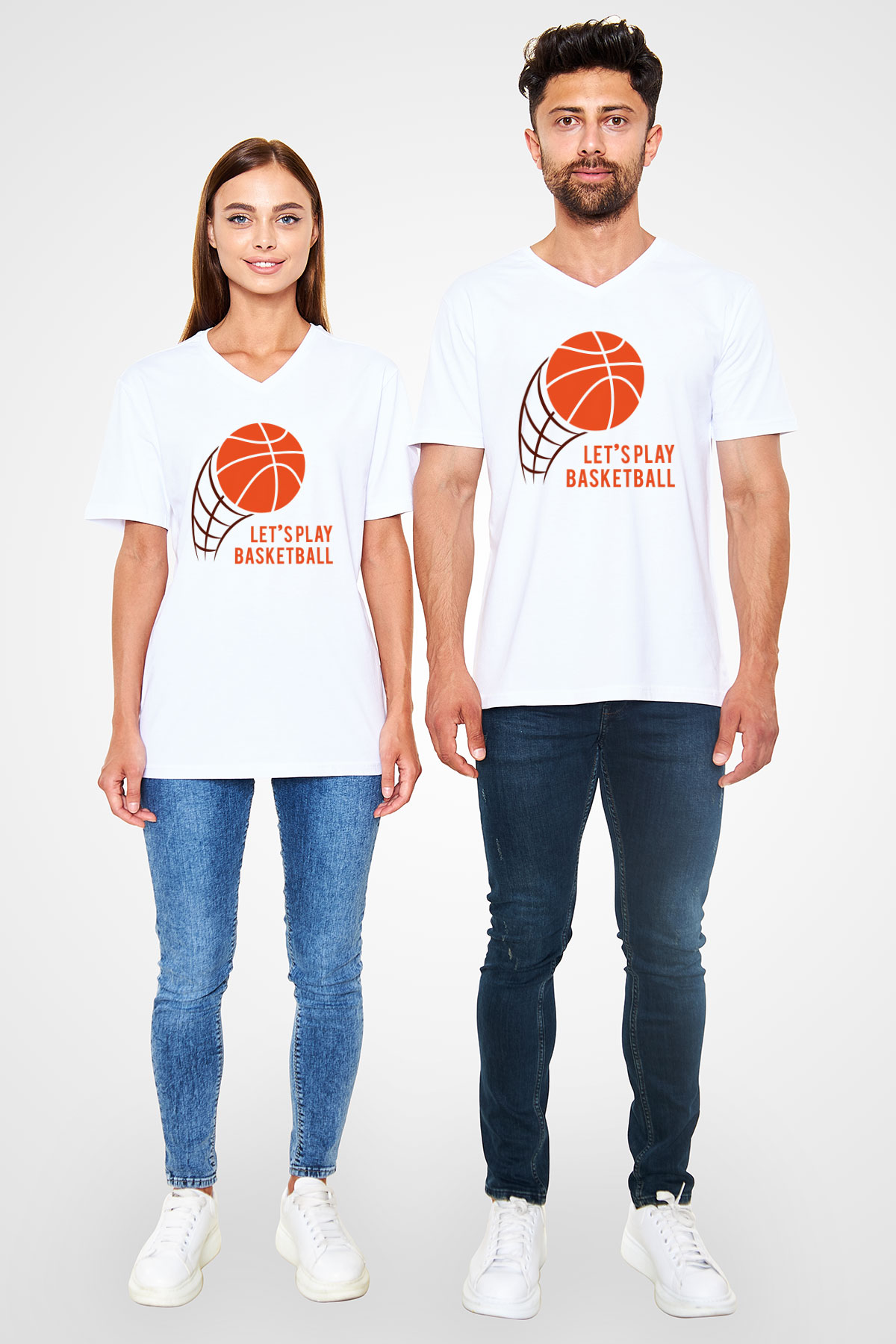 Basketbol Beyaz Unisex V Yaka Tişört T-Shirt