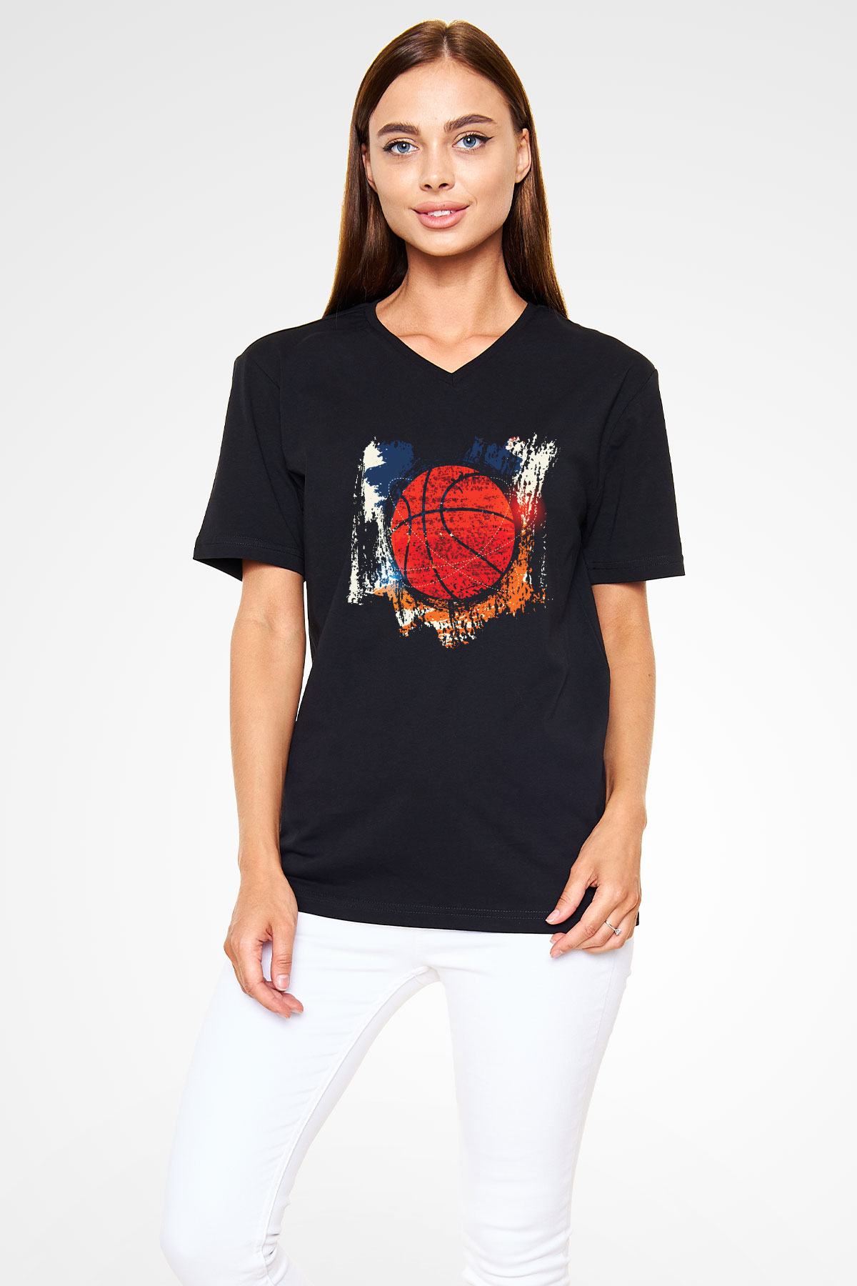 Basketbol Siyah Unisex V Yaka Tişört T-Shirt
