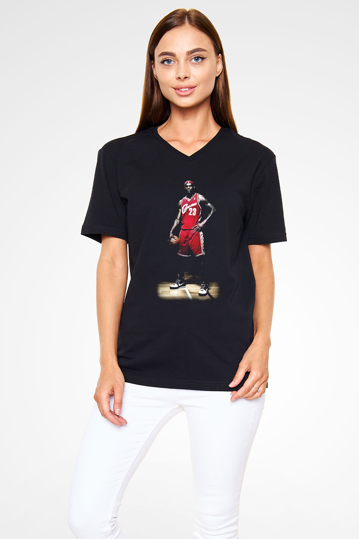 Basketbol Siyah Unisex V Yaka Tişört T-Shirt