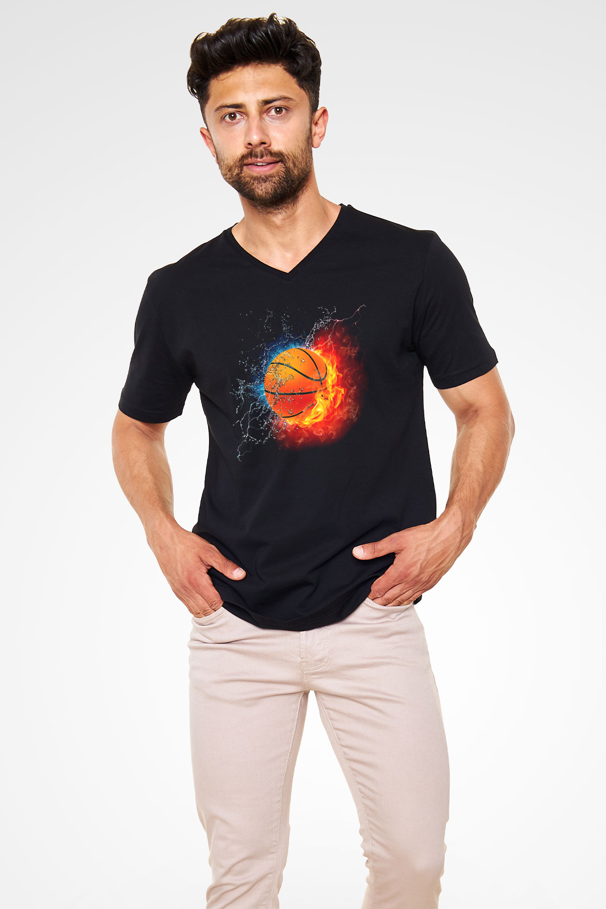 Basketbol Siyah Unisex V Yaka Tişört T-Shirt
