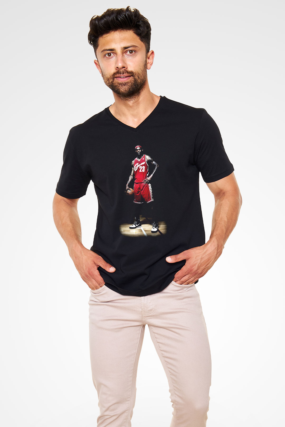 Basketbol Siyah Unisex V Yaka Tişört T-Shirt