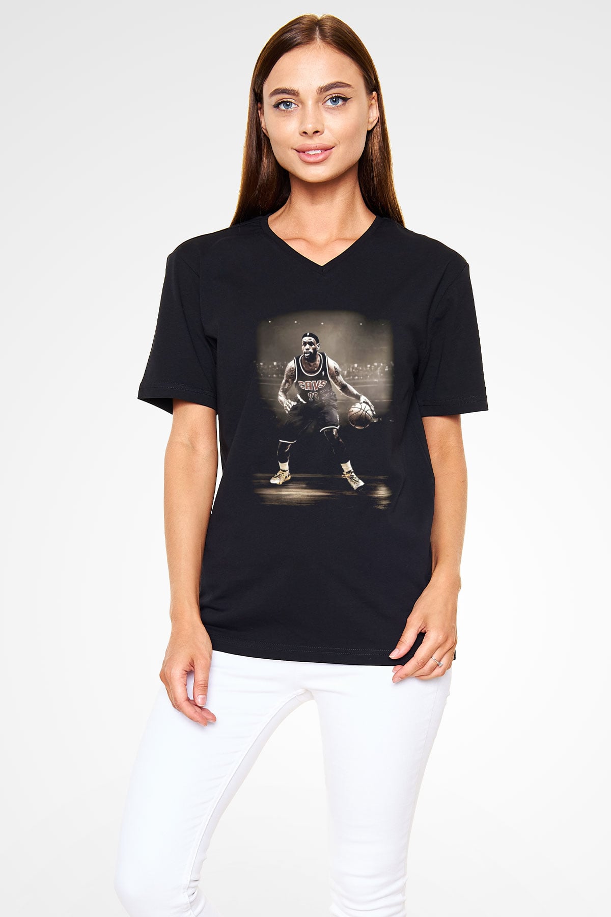 Basketbol Siyah Unisex V Yaka Tişört T-Shirt