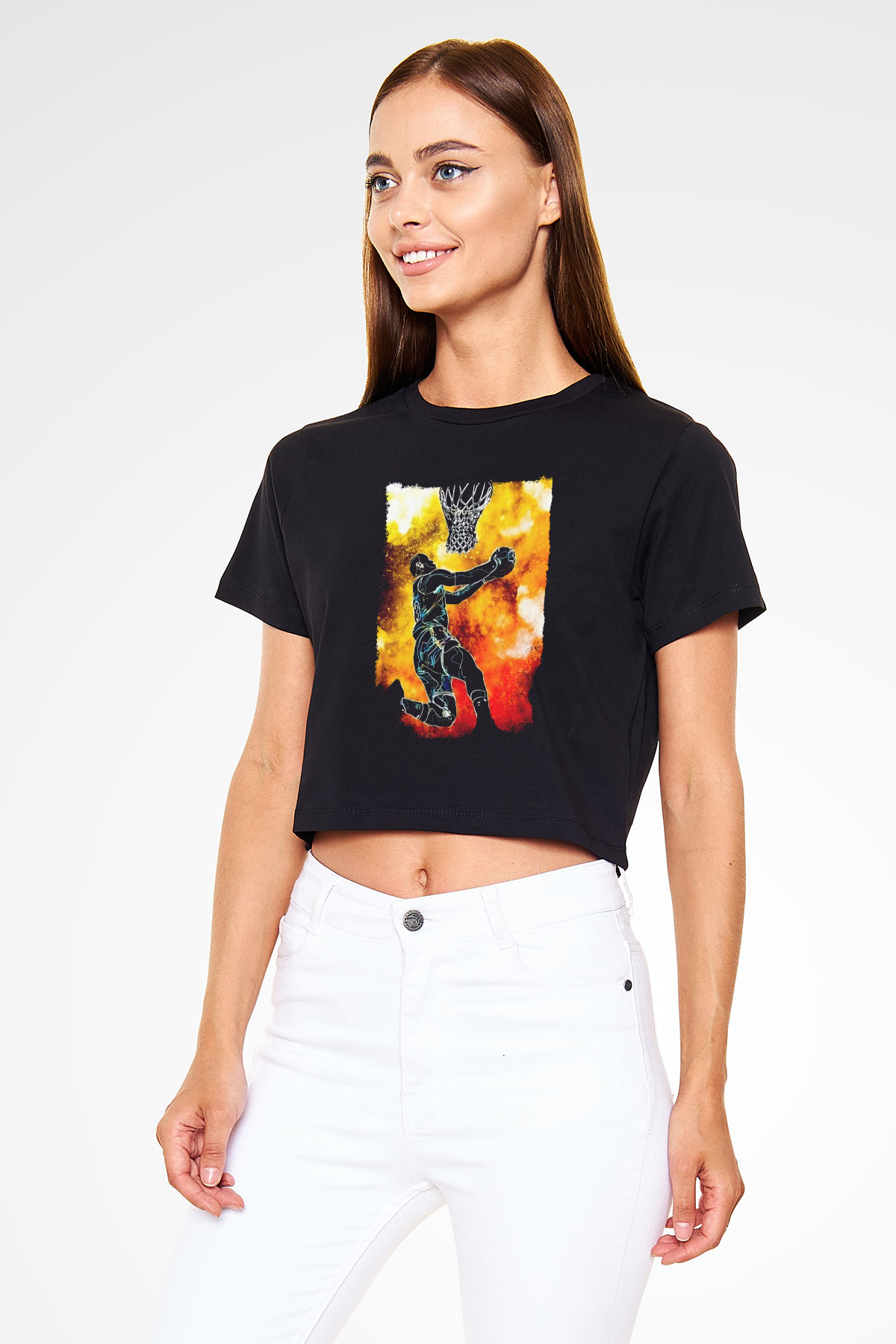 Basketbol Temalı Baskılı  Siyah  Crop Top Tişört