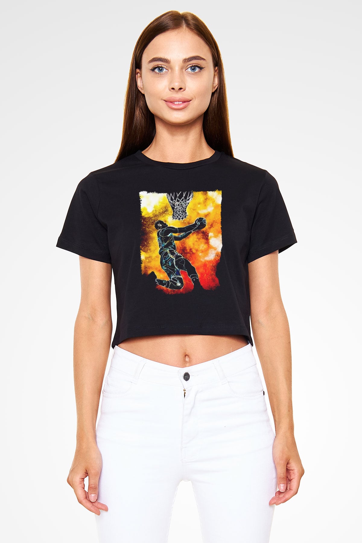 Basketbol Temalı Baskılı  Siyah  Crop Top Tişört