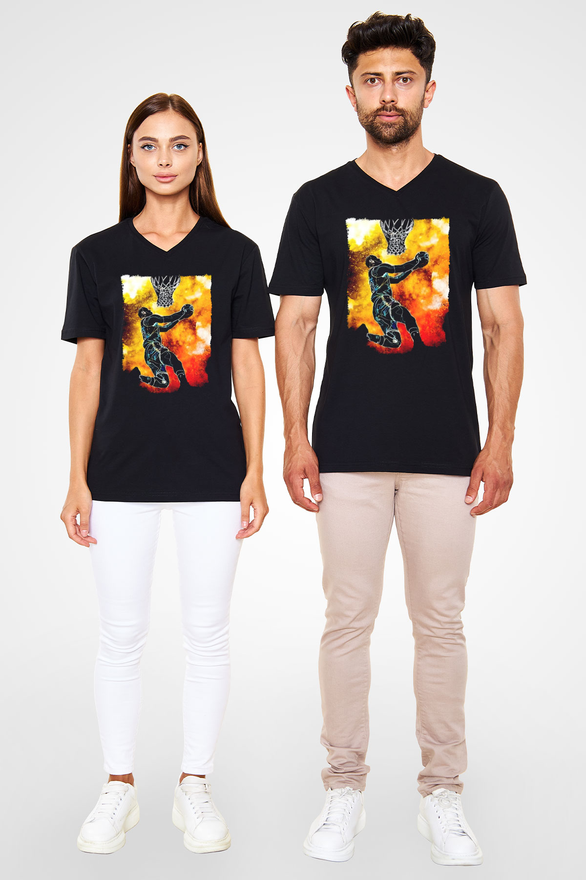 Basketbol Temalı Baskılı Unisex Siyah  V Yaka Tişört