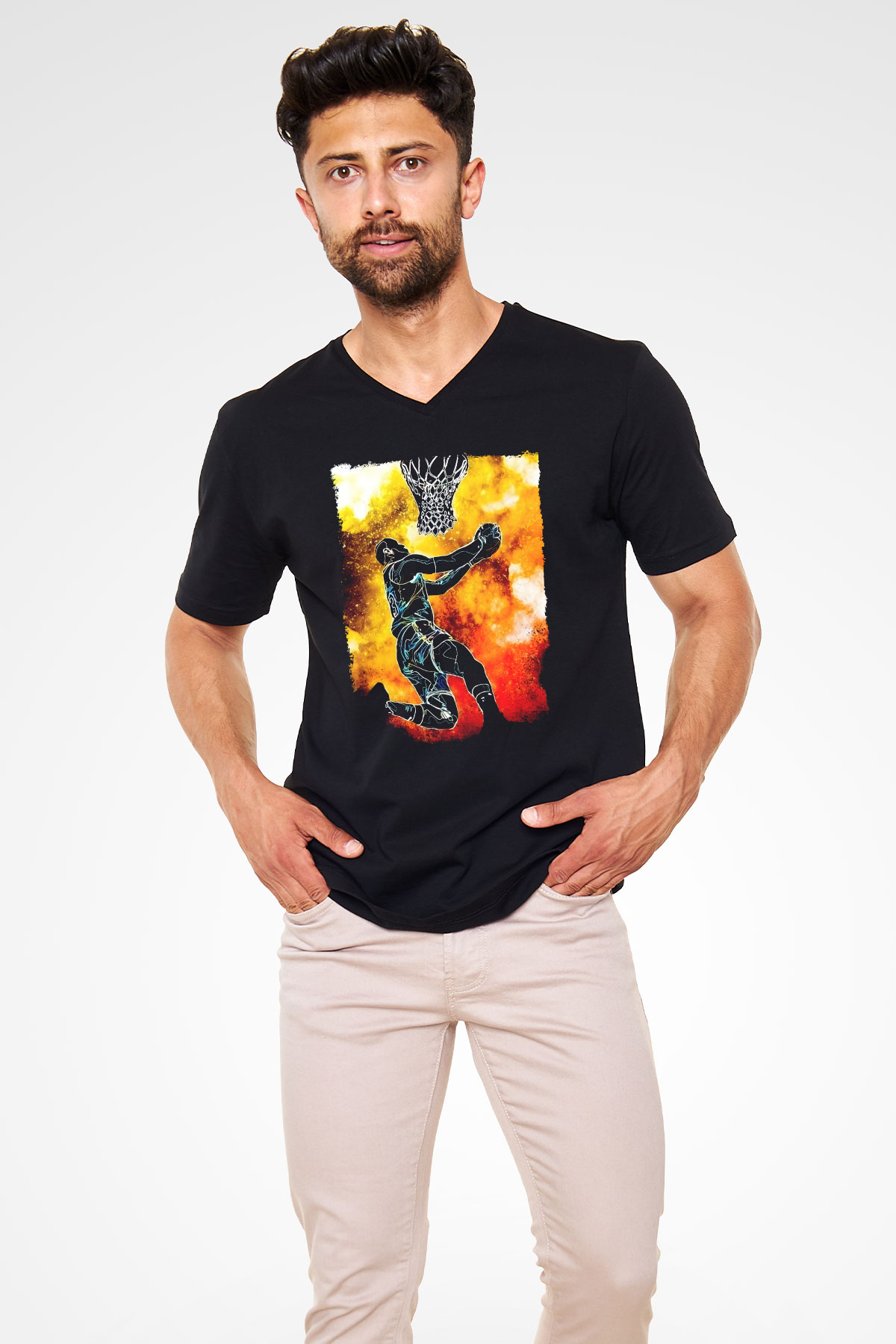 Basketbol Temalı Baskılı Unisex Siyah  V Yaka Tişört
