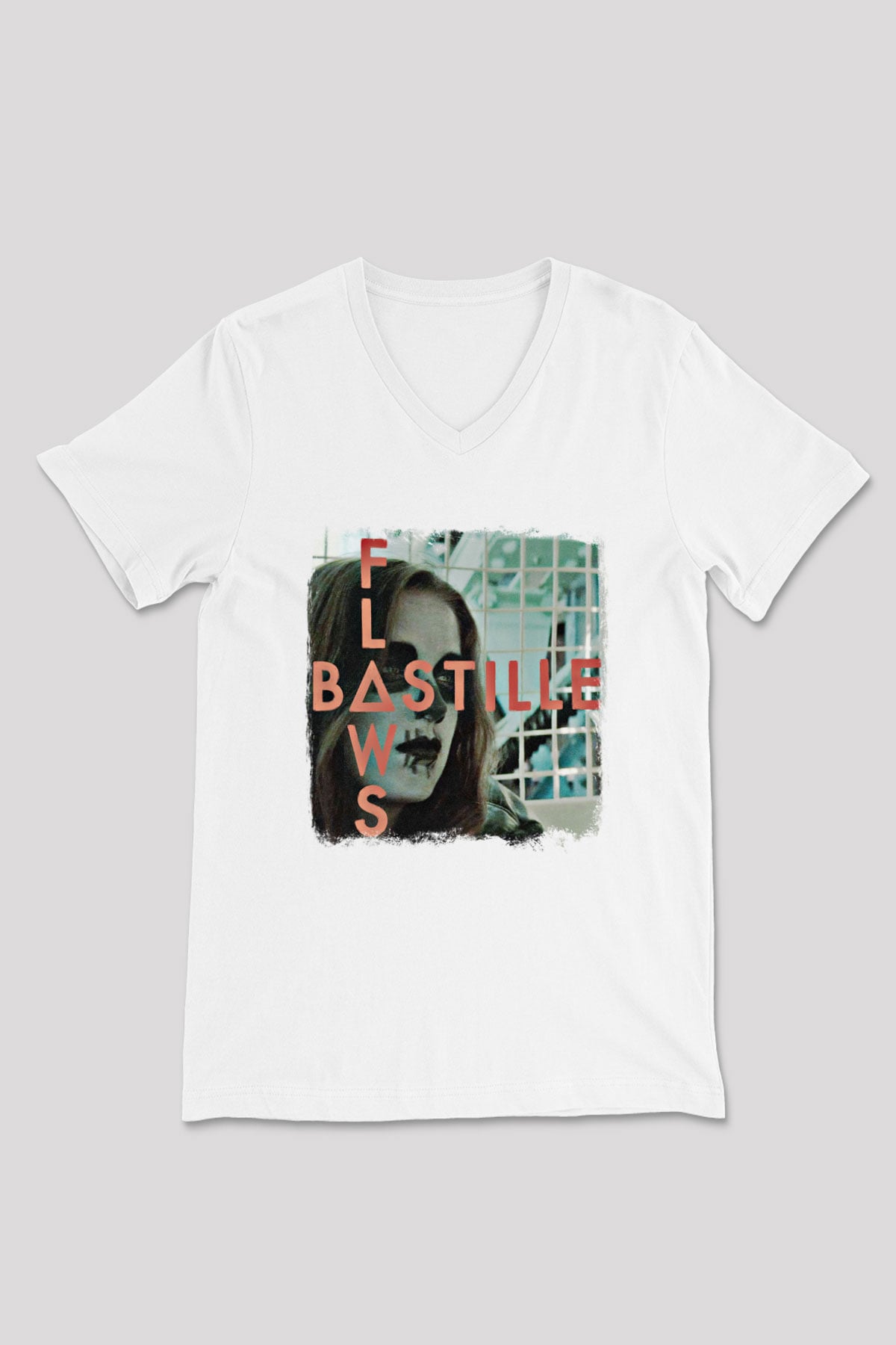 Bastille Baskılı Unisex Beyaz V Yaka Tişört