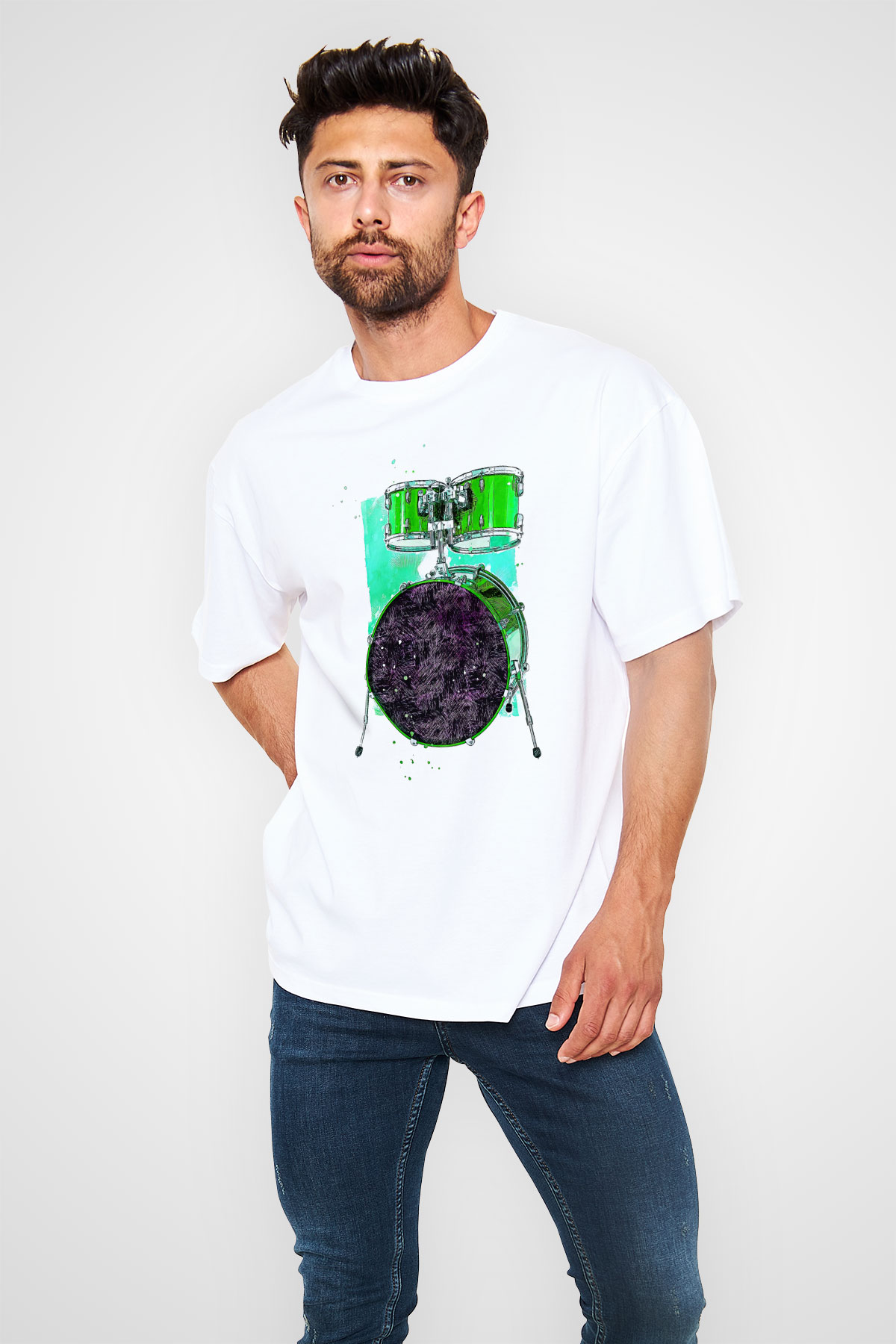 Bateri Baskılı Beyaz Unisex Oversize Tişört - Tshirt