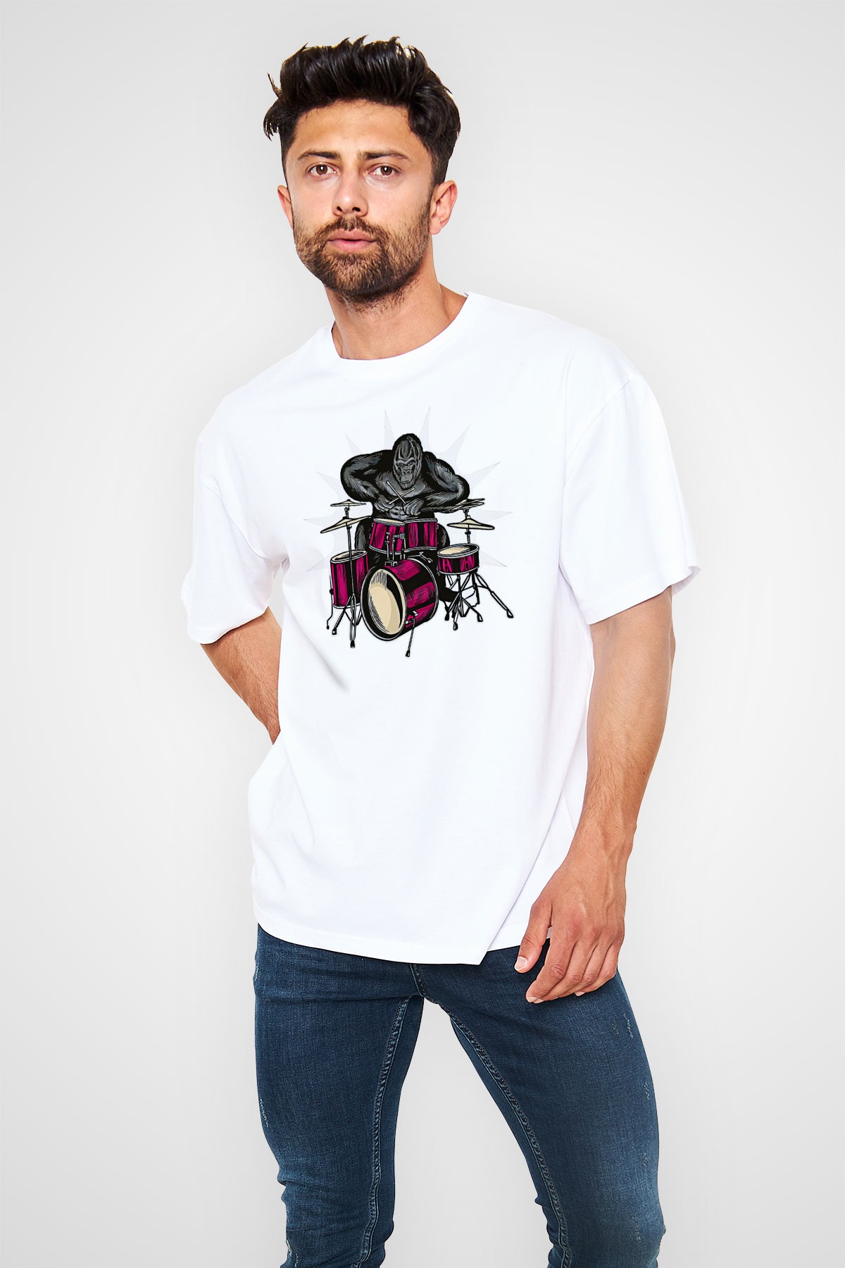 Bateri Baskılı Beyaz Unisex Oversize Tişört - Tshirt