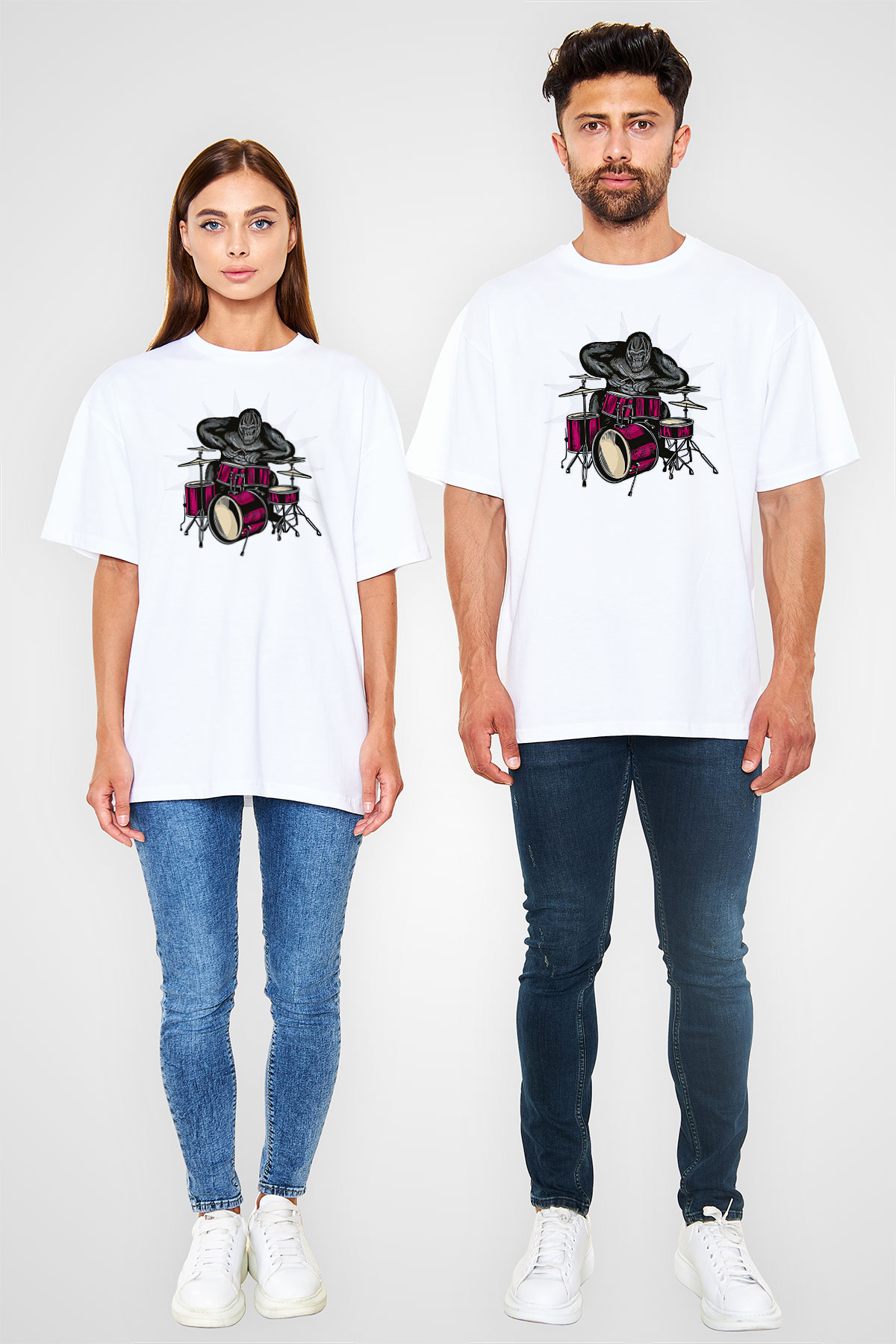 Bateri Baskılı Beyaz Unisex Oversize Tişört - Tshirt