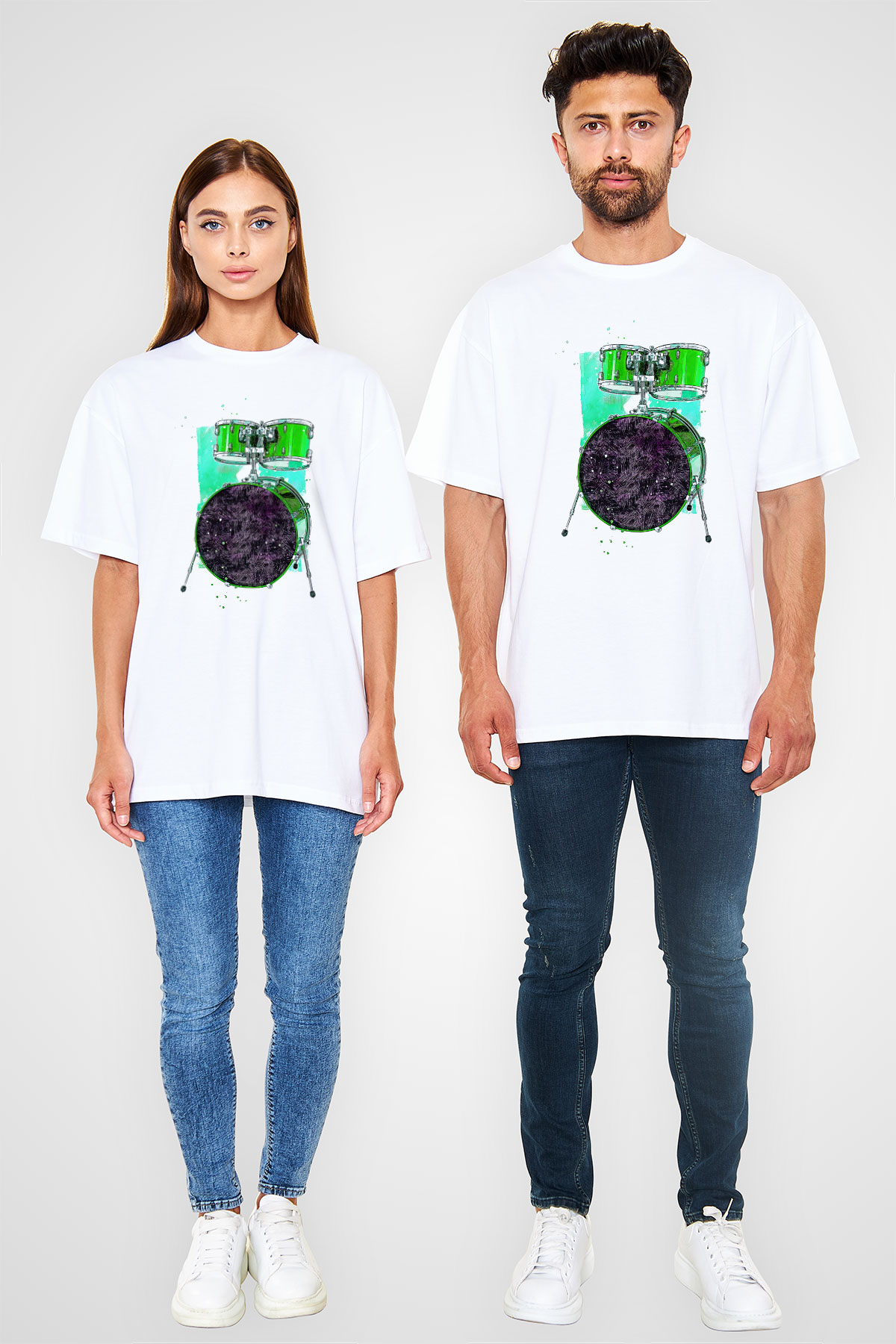 Bateri Baskılı Beyaz Unisex Oversize Tişört - Tshirt