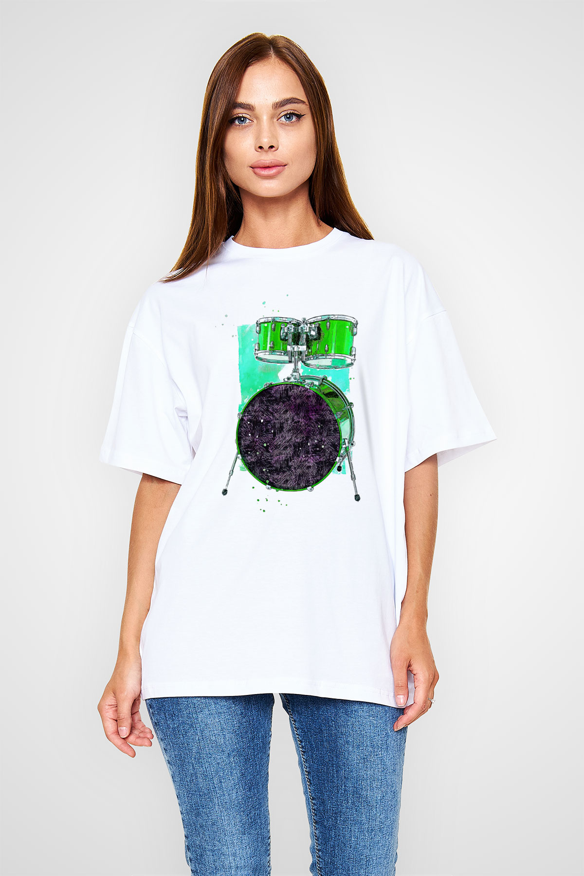 Bateri Baskılı Beyaz Unisex Oversize Tişört - Tshirt