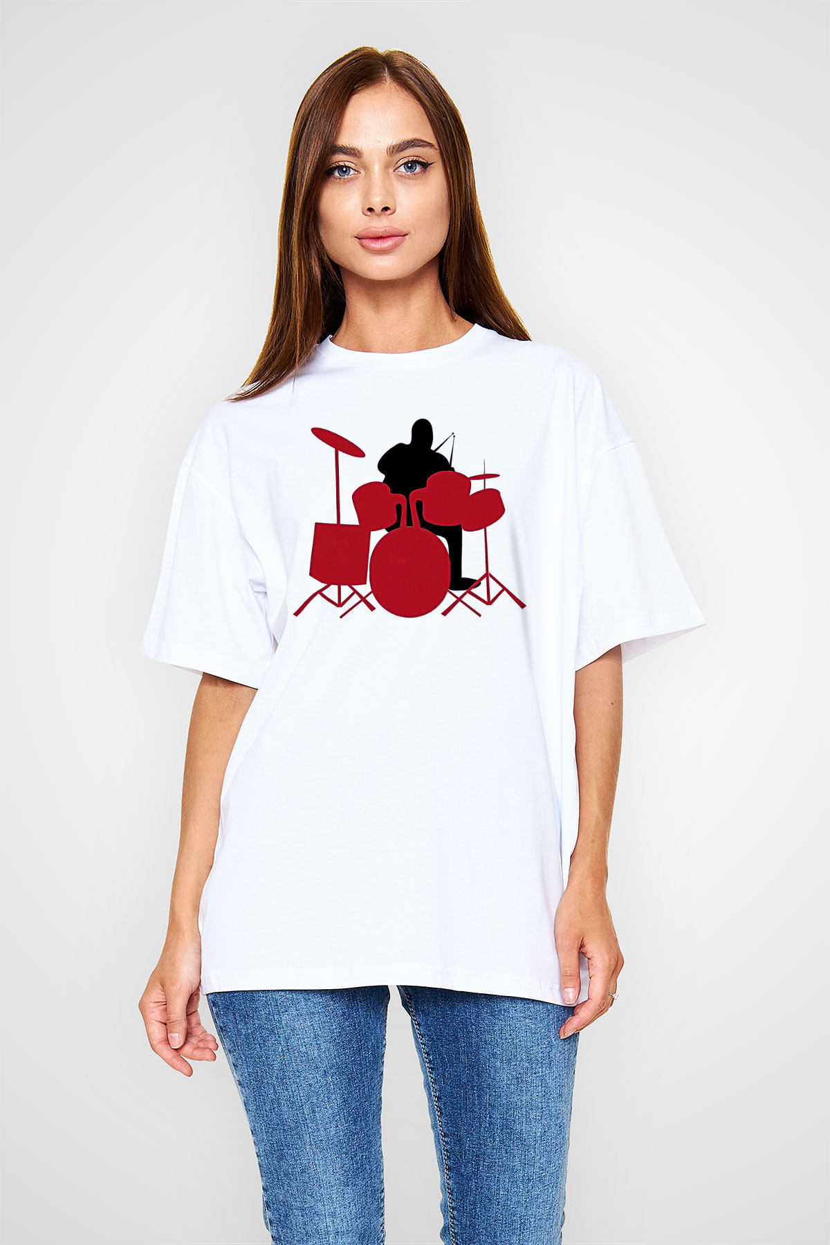 Bateri Baskılı Beyaz Unisex Oversize Tişört - Tshirt