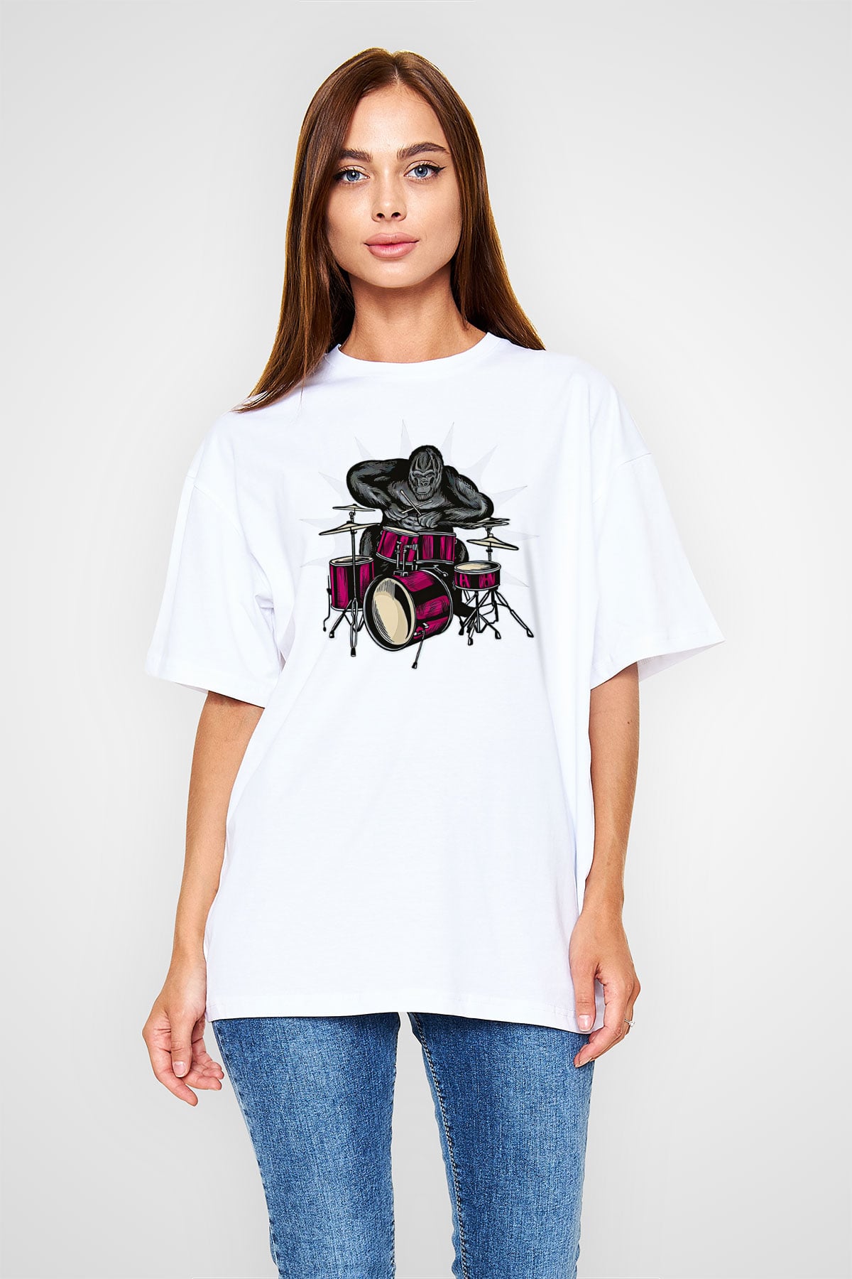 Bateri Baskılı Beyaz Unisex Oversize Tişört - Tshirt