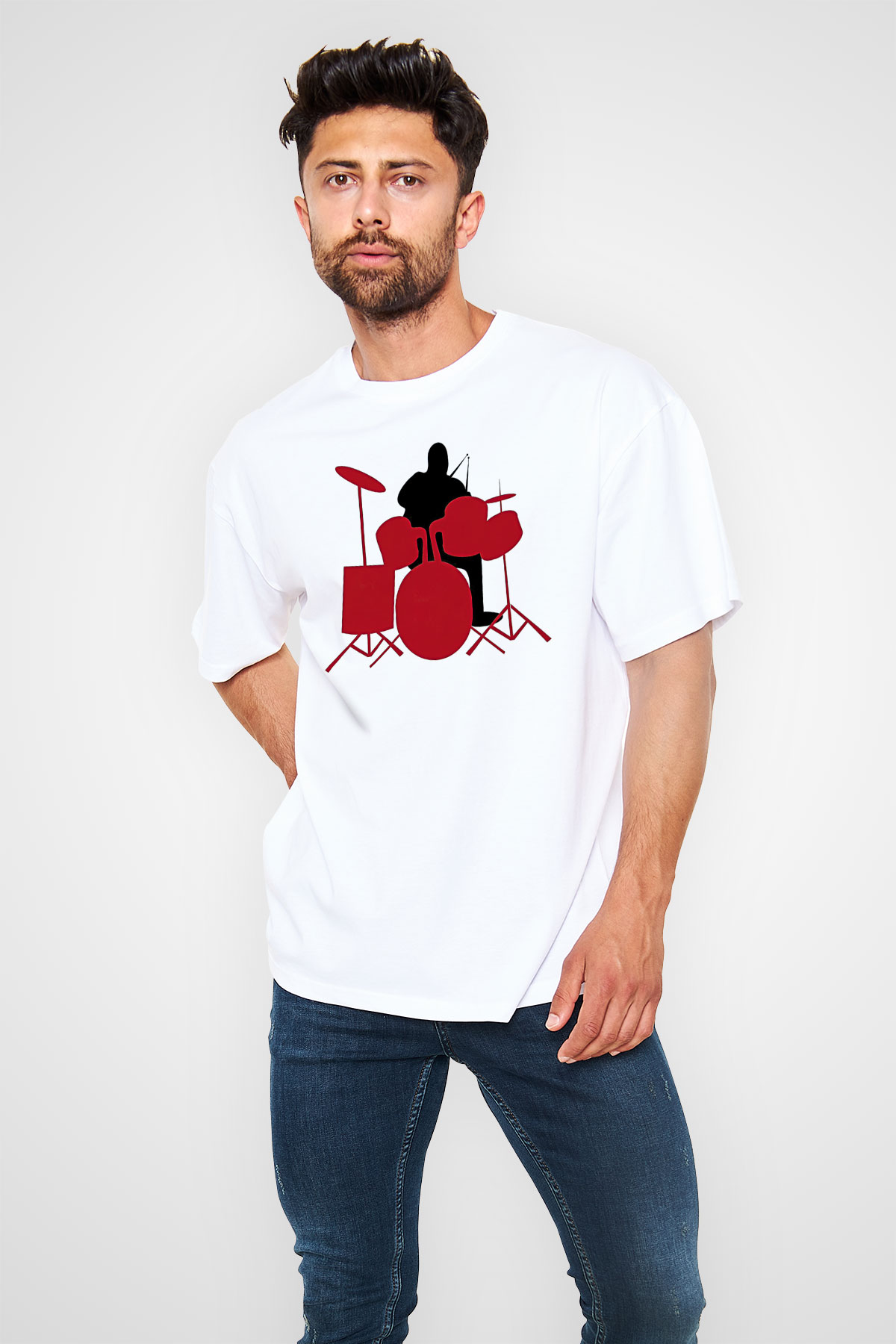 Bateri Baskılı Beyaz Unisex Oversize Tişört - Tshirt