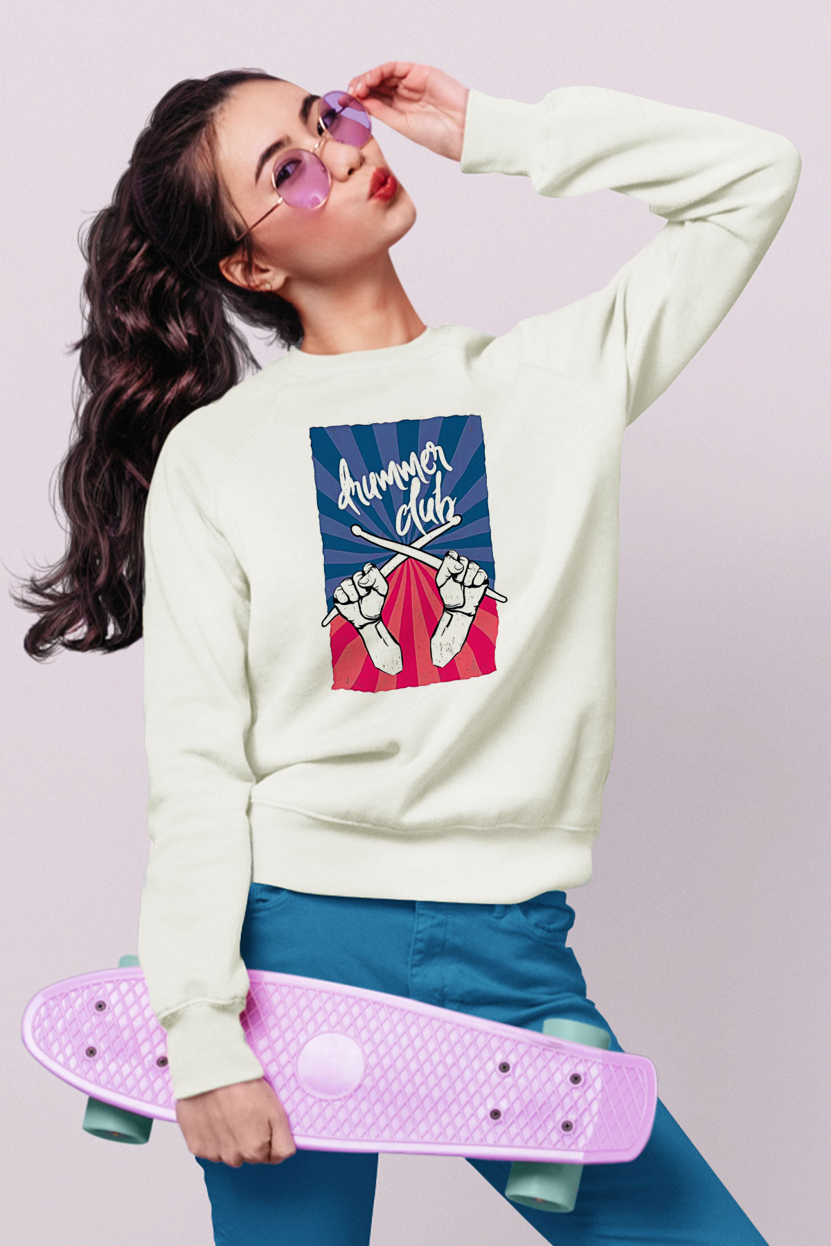 Bateri Baskılı Beyaz Unisex Sweatshirt