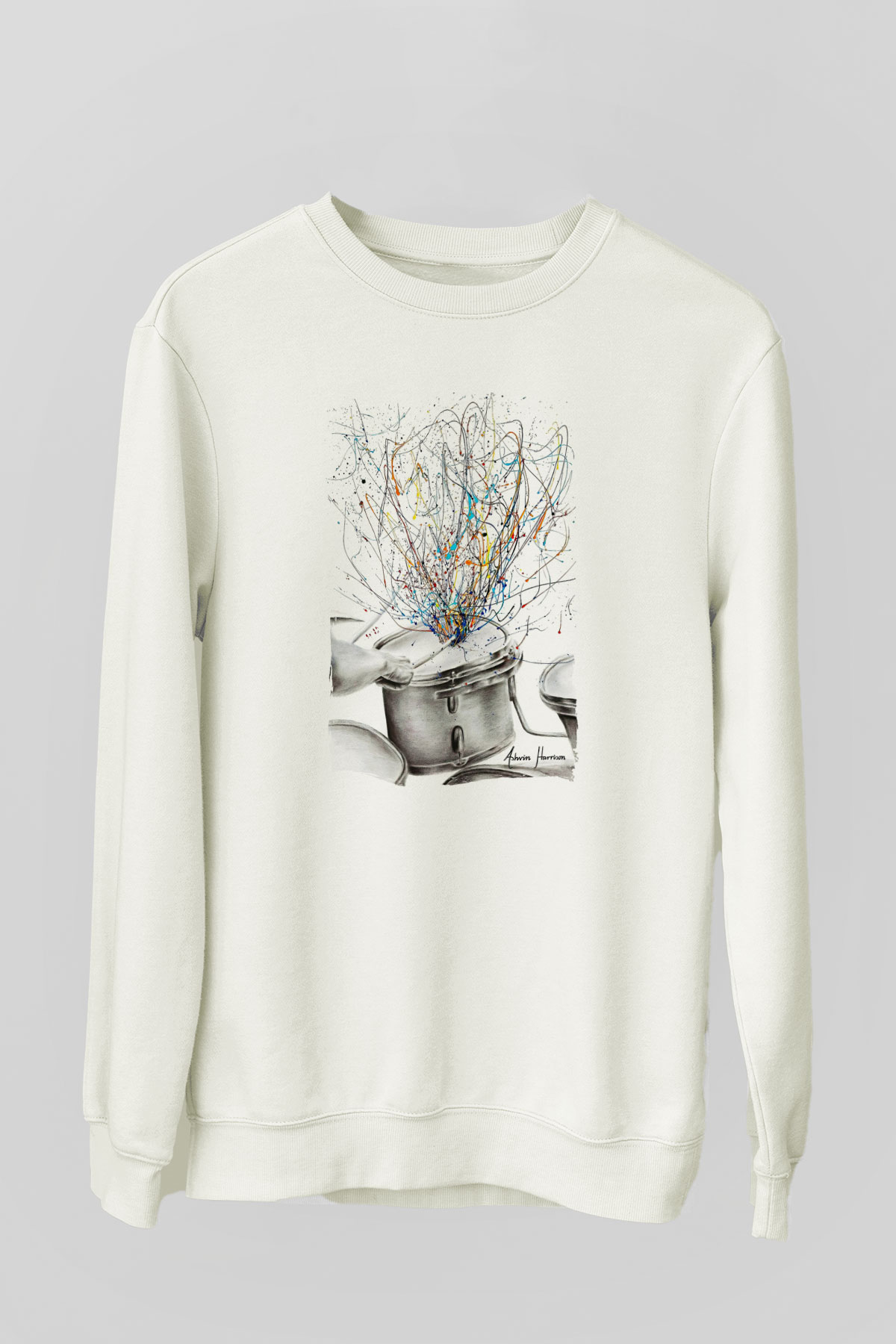Bateri Baskılı Beyaz Unisex Sweatshirt
