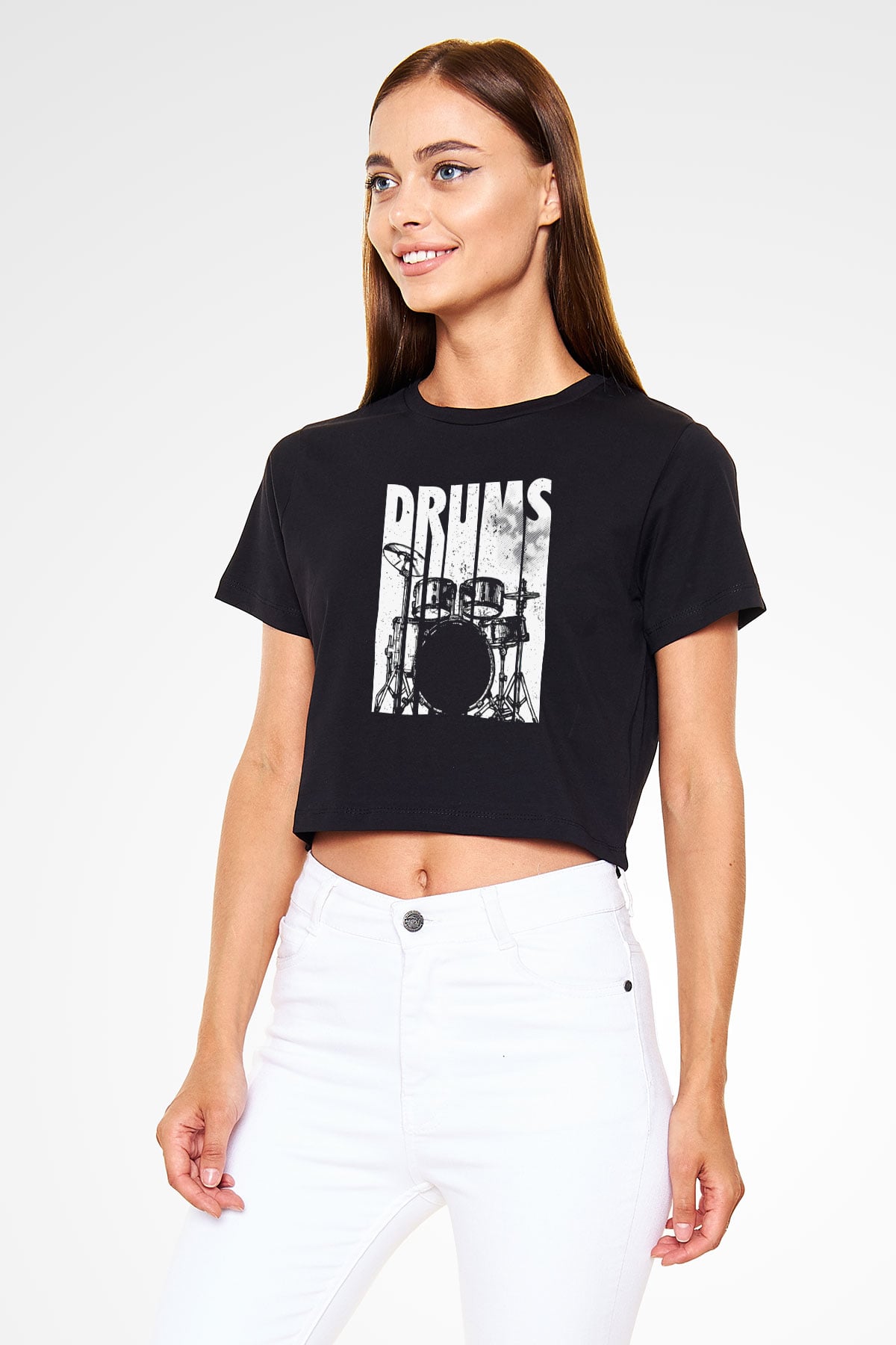 Bateri Baskılı Siyah Crop Top Kadın Tişört - Tshirt