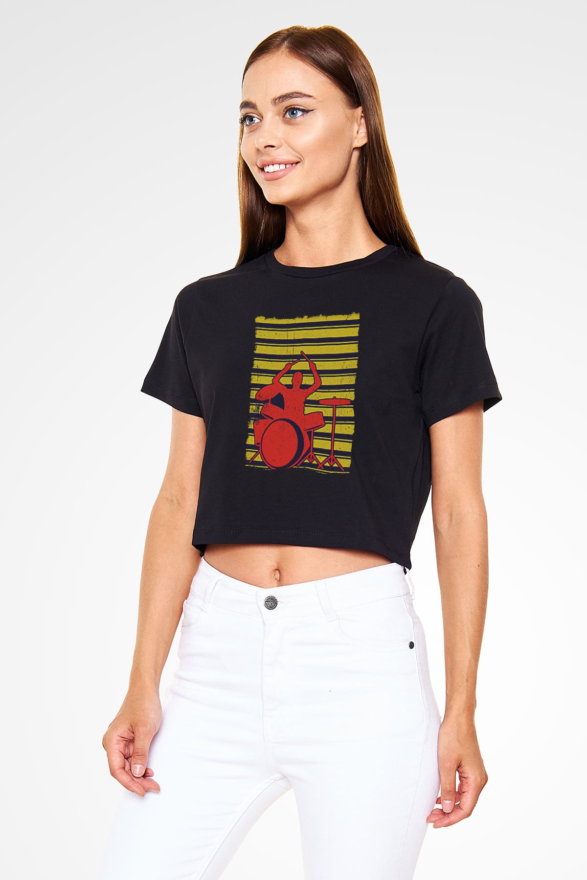 Bateri Baskılı Siyah Crop Top Kadın Tişört - Tshirt