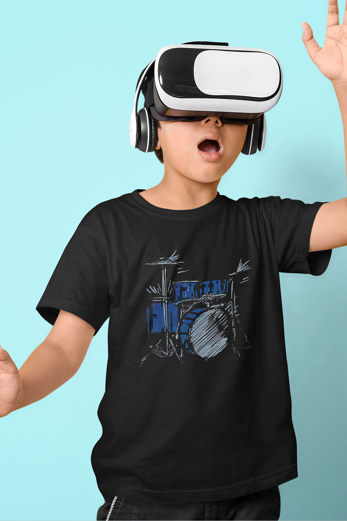 Bateri Baskılı Unisex Siyah Çocuk Tişört - Tshirt