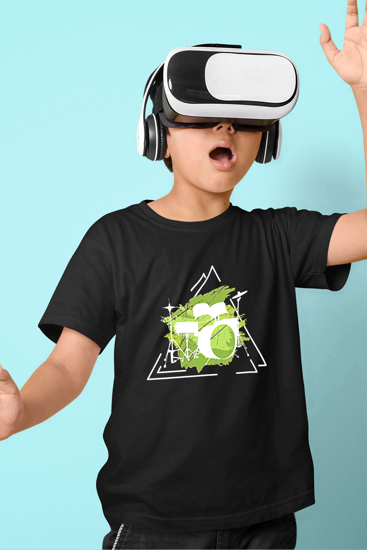 Bateri Baskılı Unisex Siyah Çocuk Tişört - Tshirt