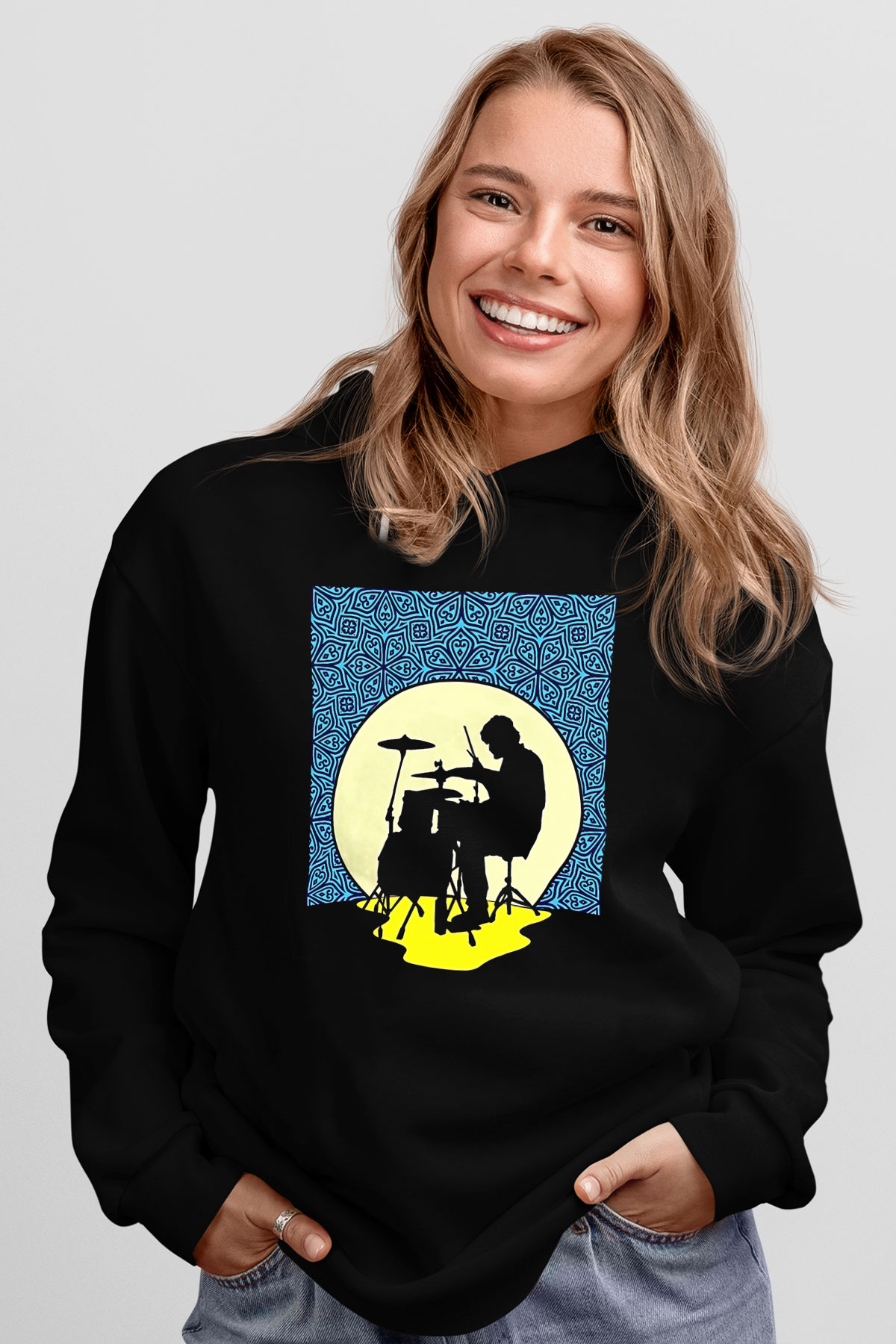 Bateri Baskılı Unisex Siyah Hoodie