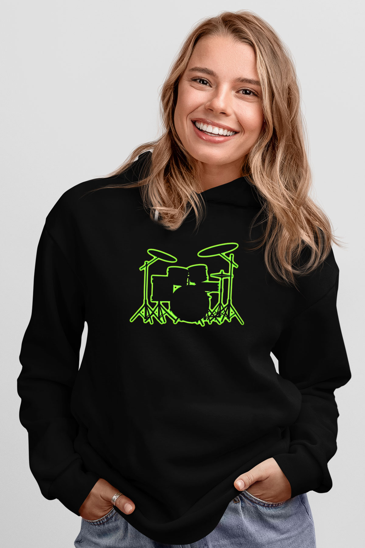Bateri Baskılı Unisex Siyah Hoodie