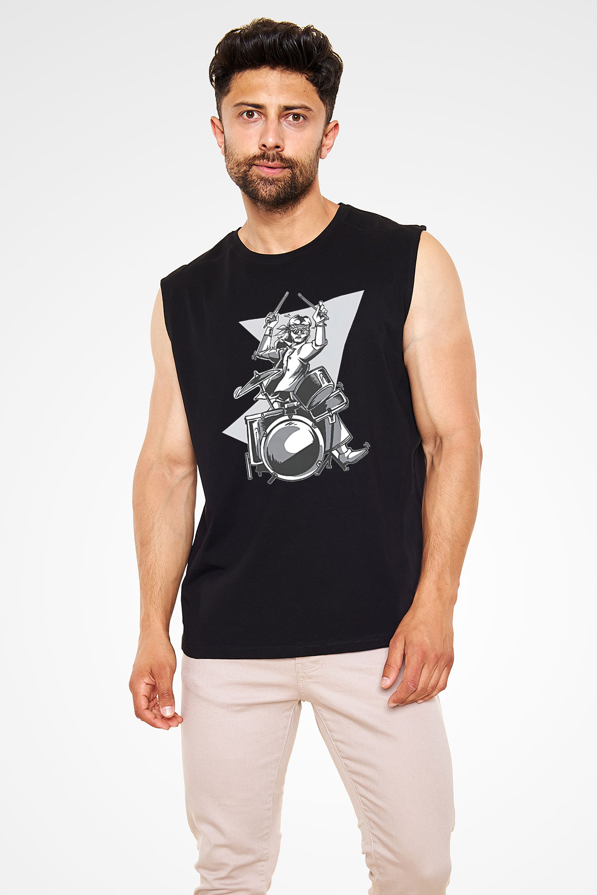 Bateri Baskılı Unisex Siyah Kolsuz Tişört - Tshirt