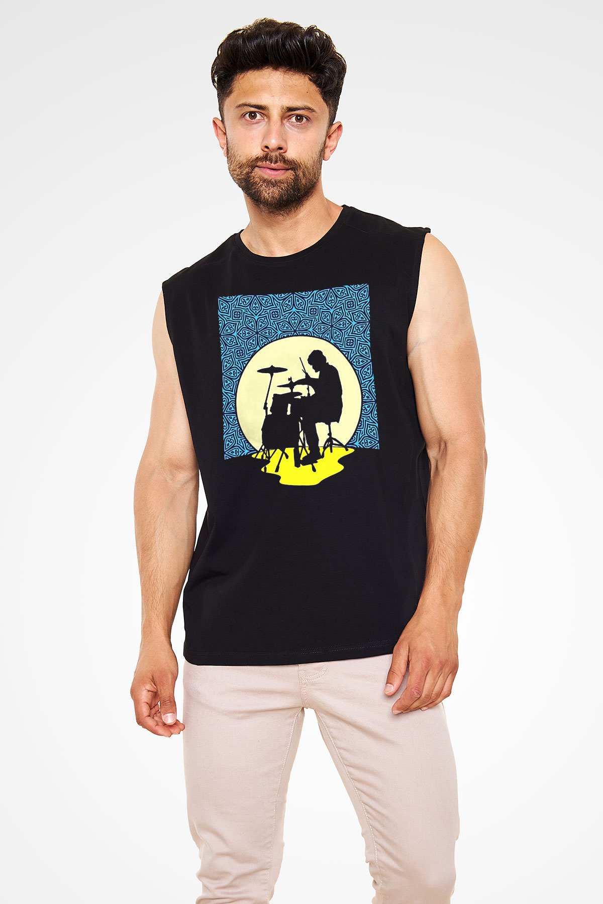Bateri Baskılı Unisex Siyah Kolsuz Tişört - Tshirt