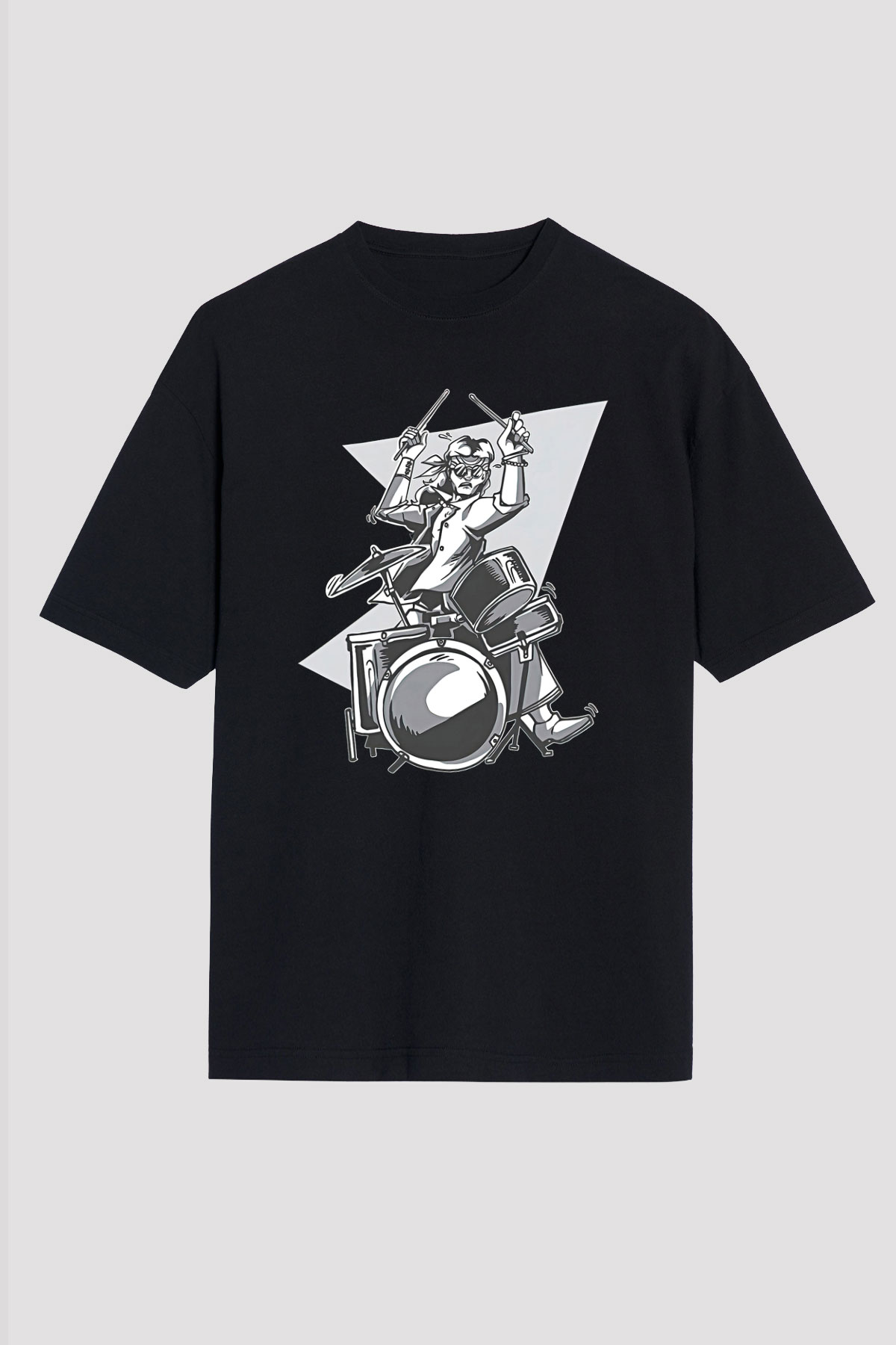 Bateri Baskılı Unisex Siyah Oversize Tişört - Tshirt