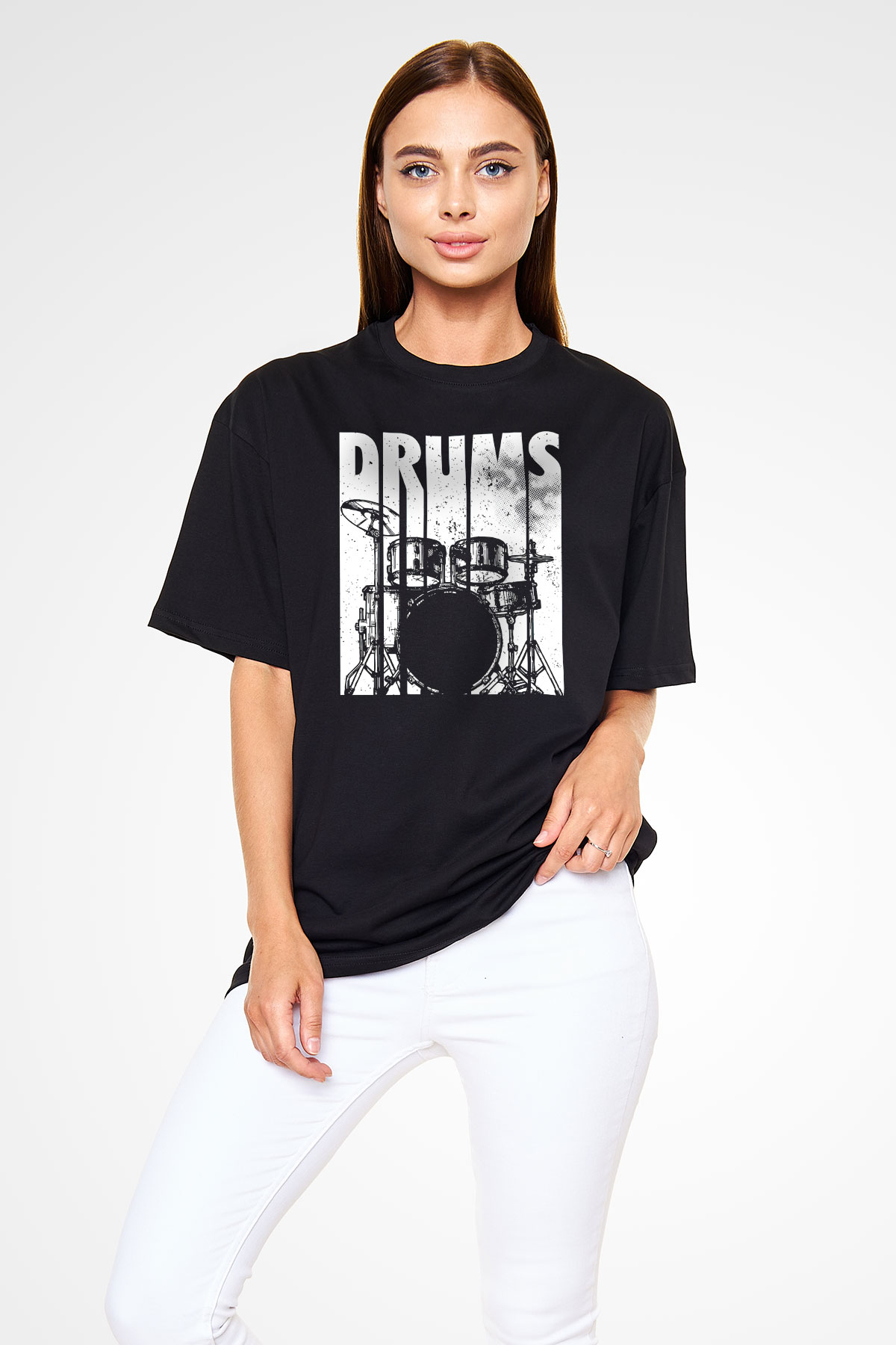Bateri Baskılı Unisex Siyah Oversize Tişört - Tshirt