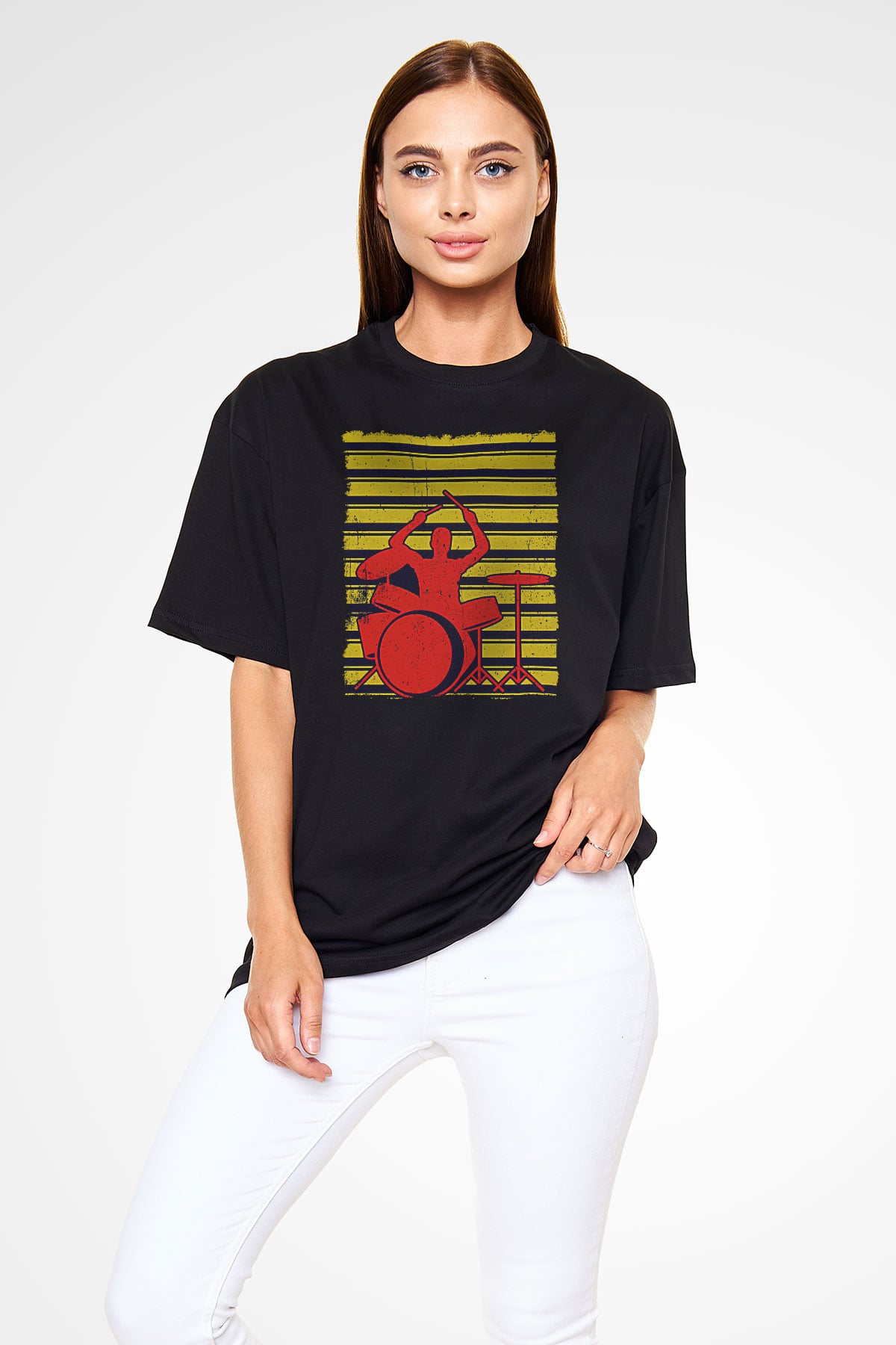 Bateri Baskılı Unisex Siyah Oversize Tişört - Tshirt