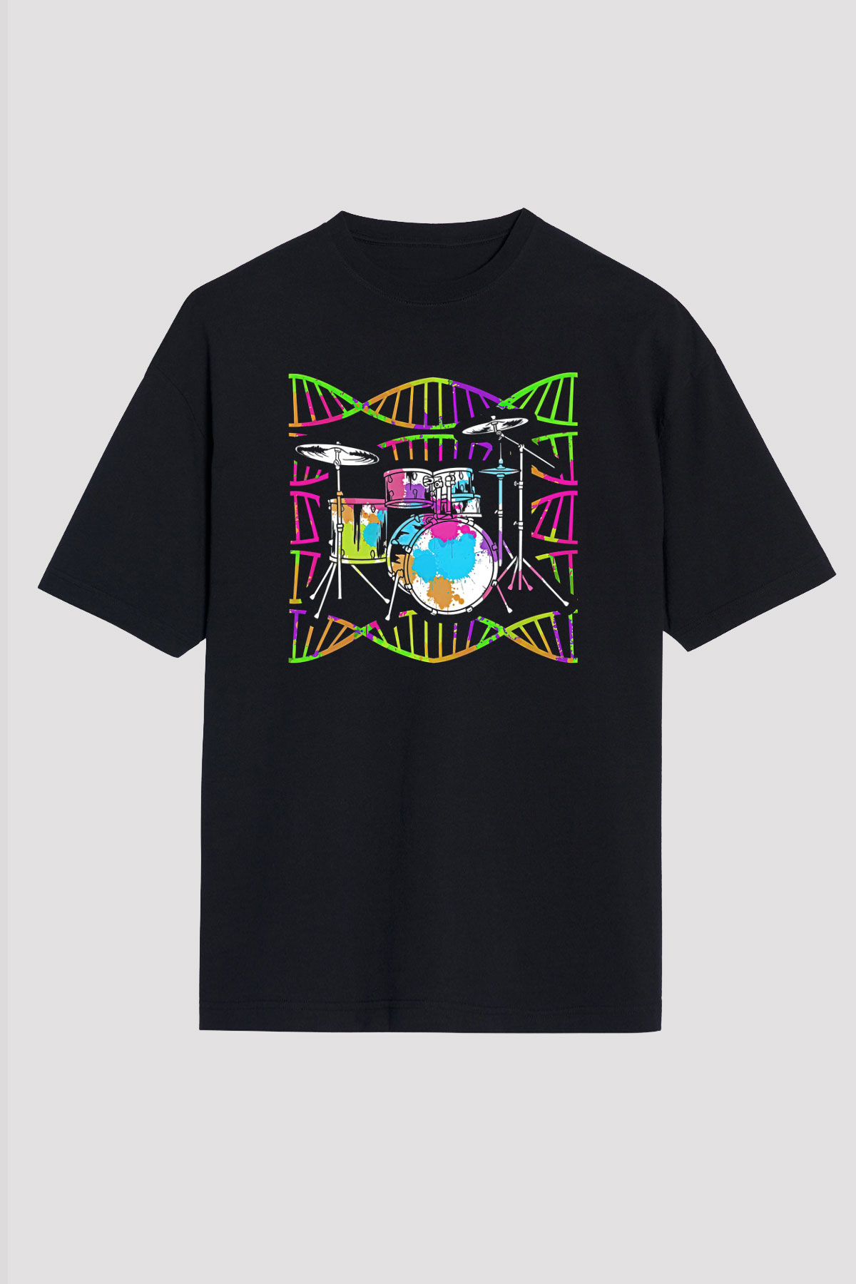 Bateri Baskılı Unisex Siyah Oversize Tişört - Tshirt