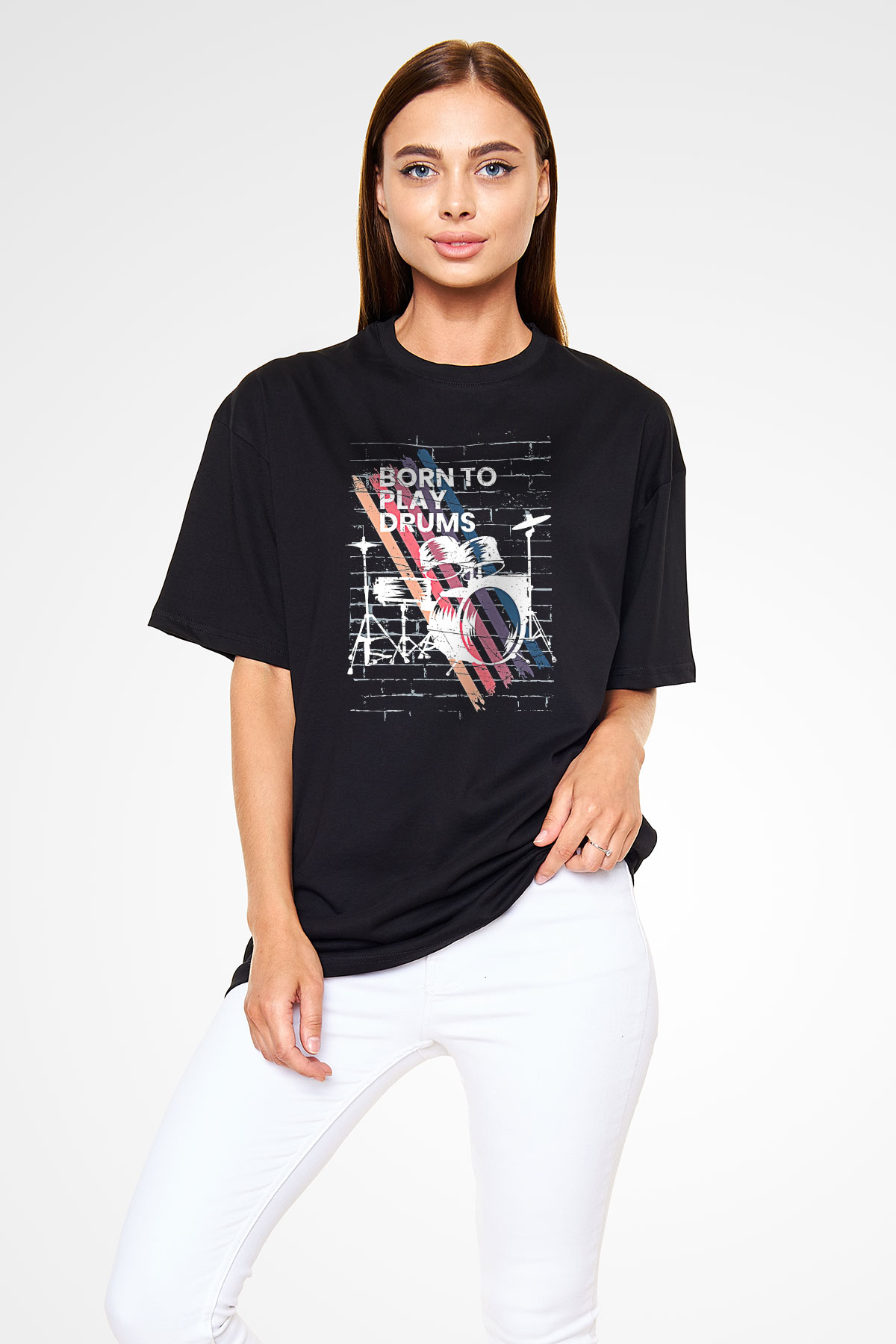 Bateri Baskılı Unisex Siyah Oversize Tişört - Tshirt