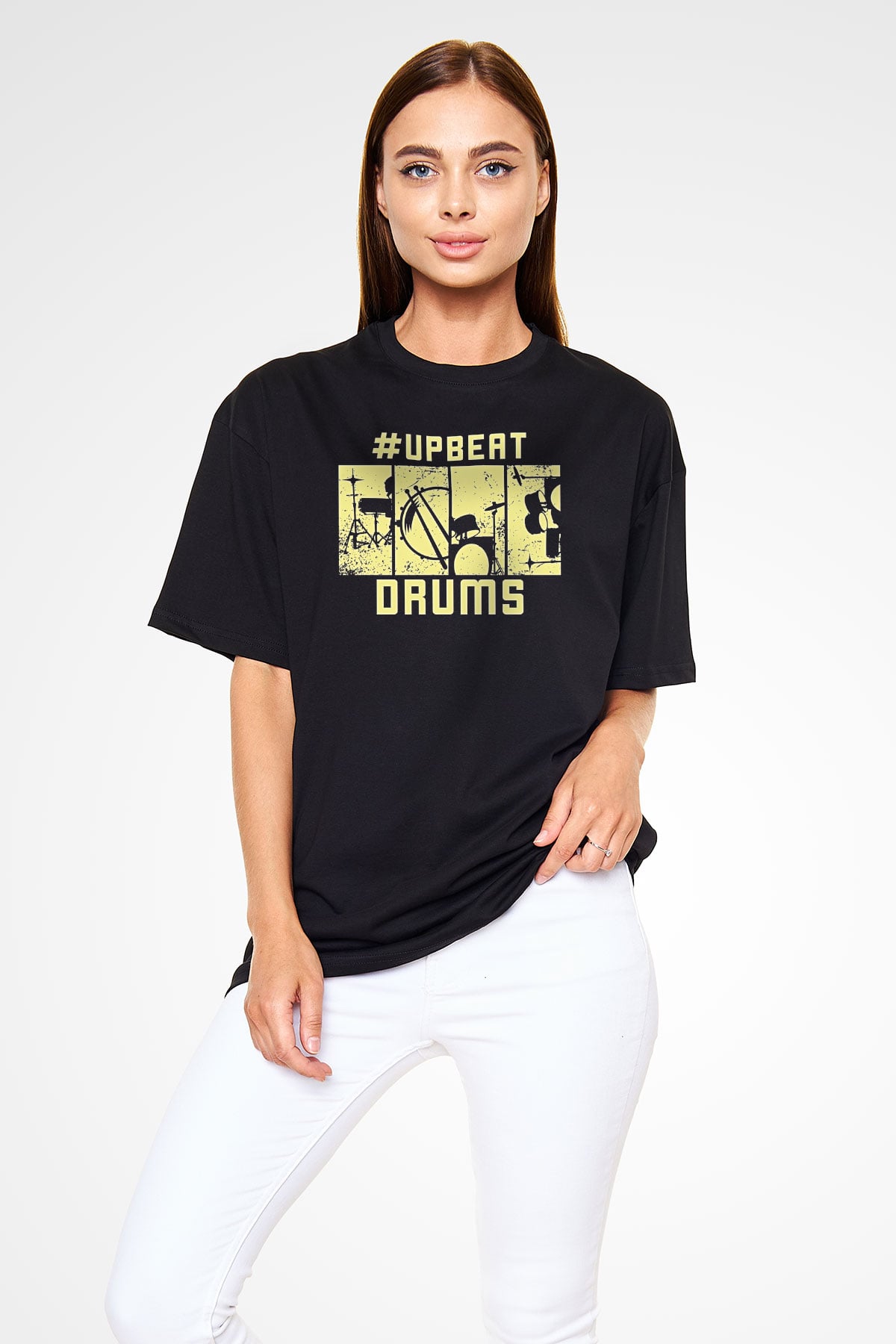 Bateri Baskılı Unisex Siyah Oversize Tişört - Tshirt