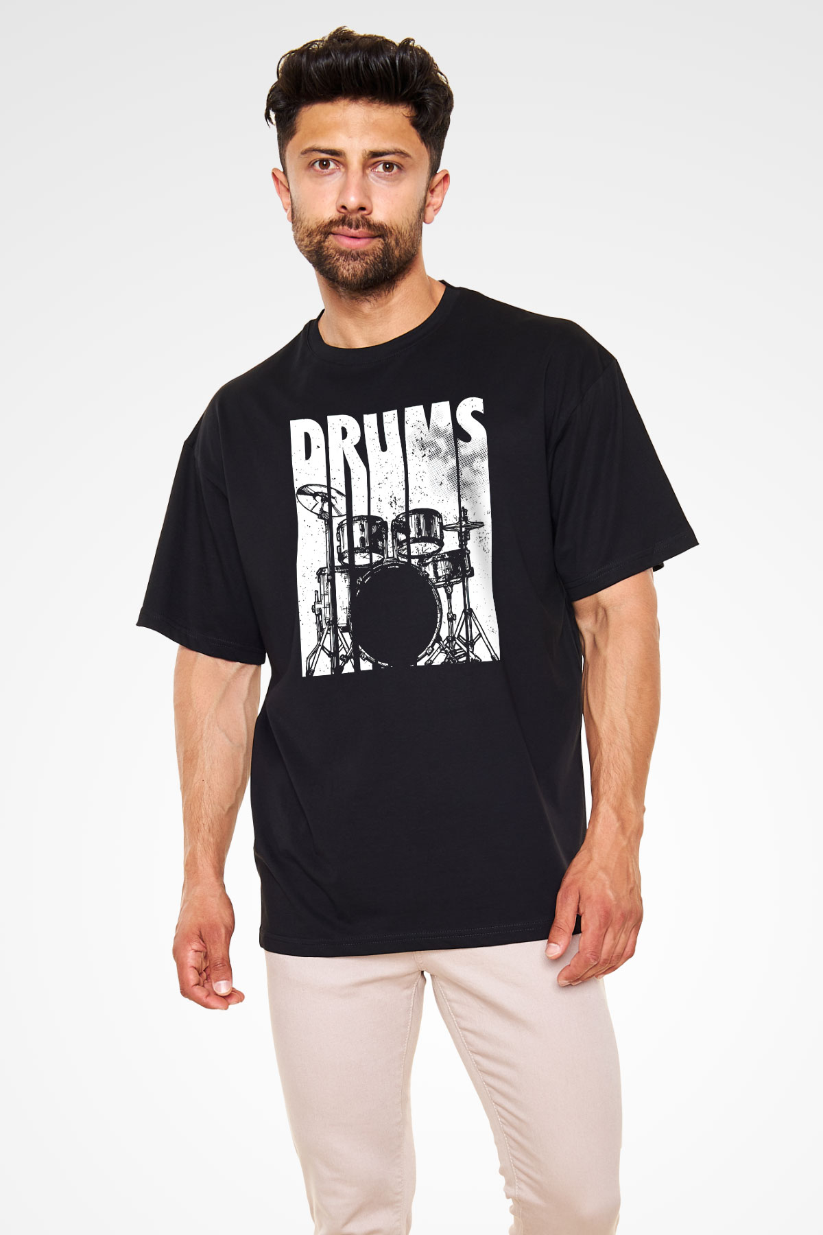 Bateri Baskılı Unisex Siyah Oversize Tişört - Tshirt