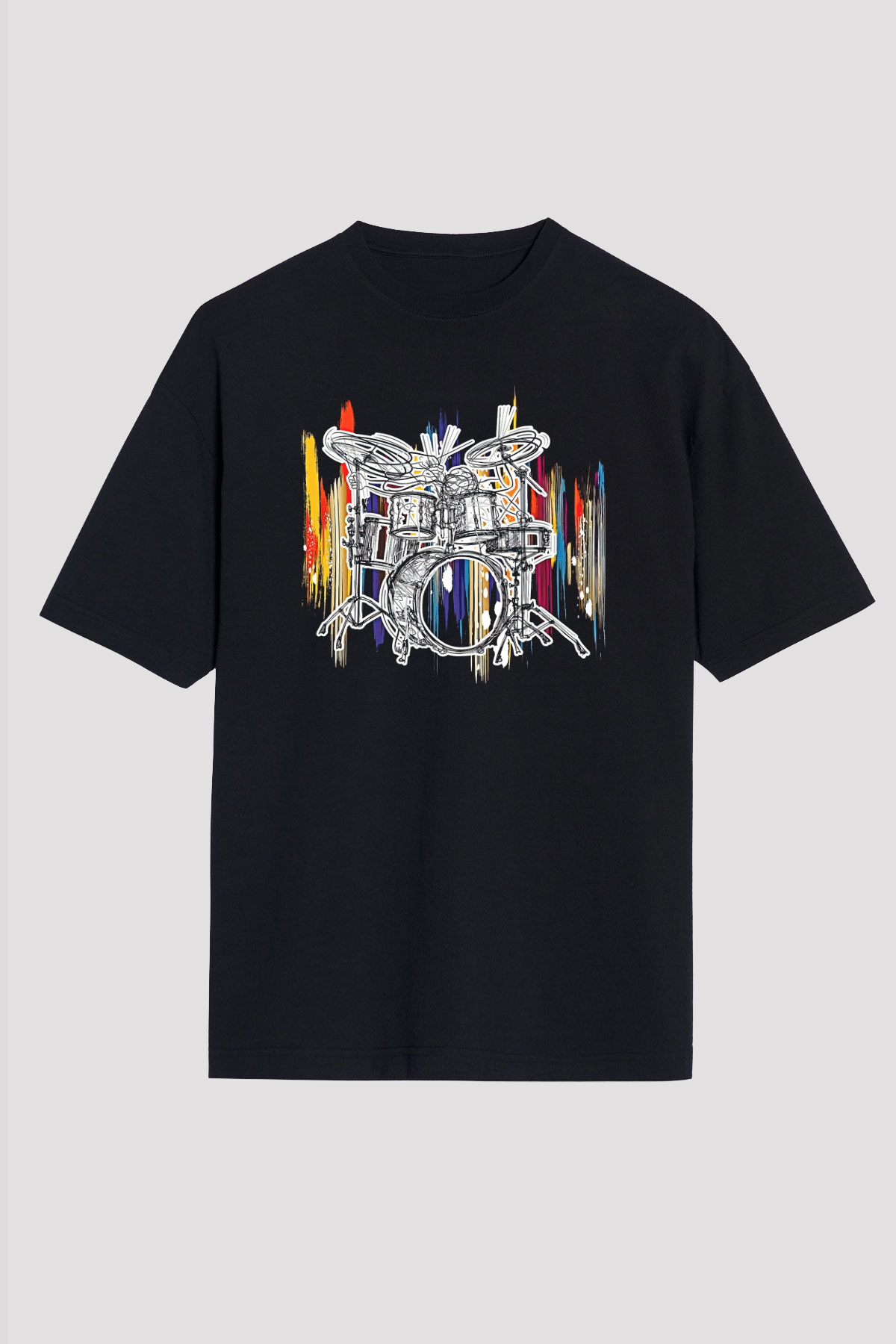 Bateri Baskılı Unisex Siyah Oversize Tişört - Tshirt