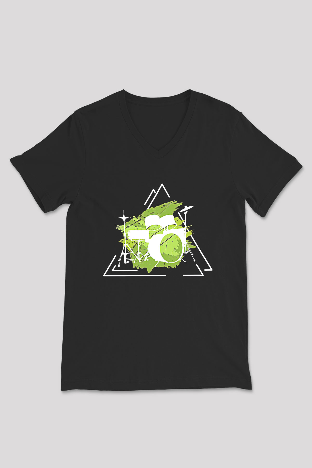 Bateri Baskılı Unisex Siyah V Yaka Tişört - Tshirt