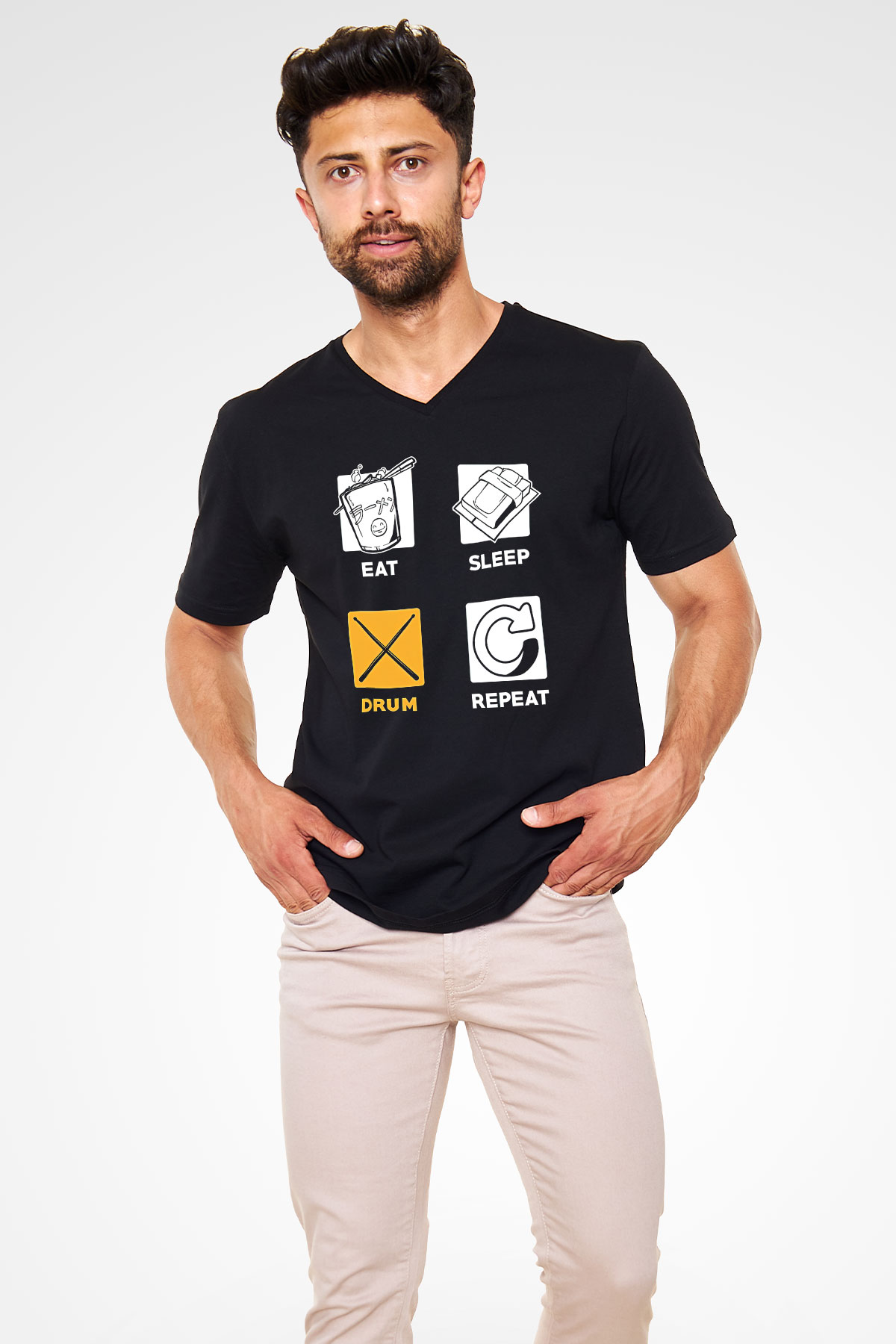 Bateri Baskılı Unisex Siyah V Yaka Tişört - Tshirt