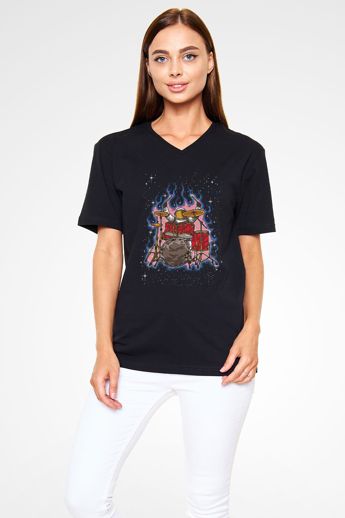 Bateri Baskılı Unisex Siyah V Yaka Tişört - Tshirt
