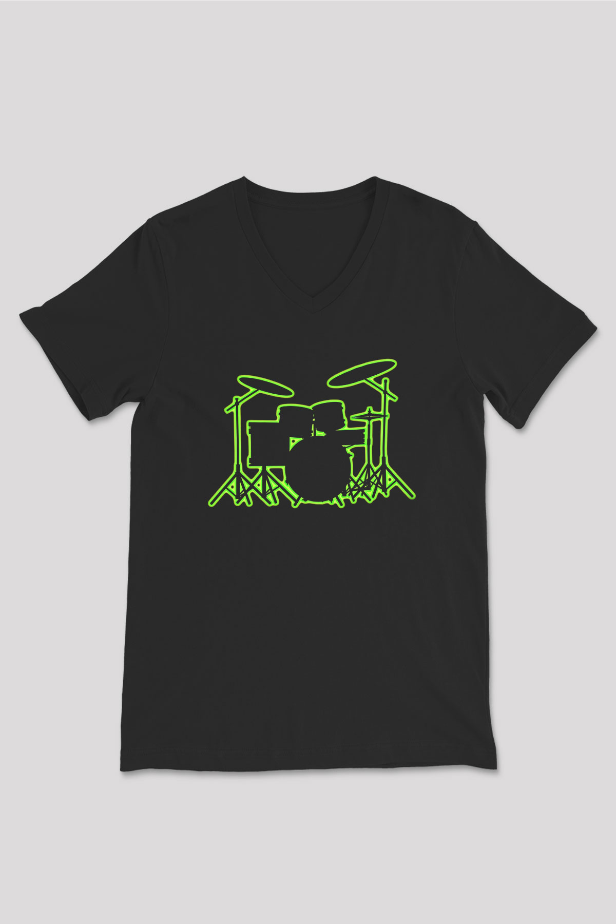 Bateri Baskılı Unisex Siyah V Yaka Tişört - Tshirt