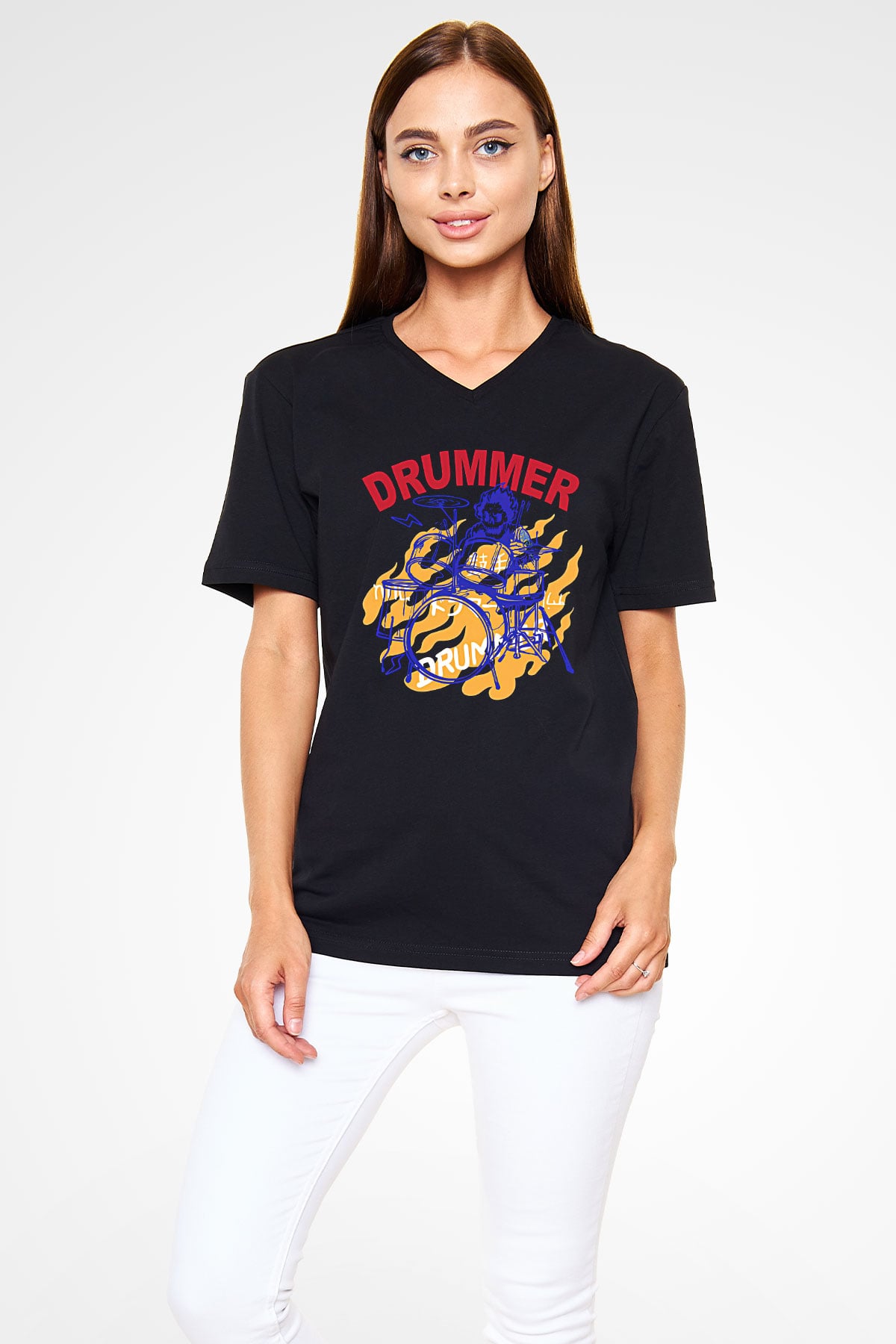 Bateri Baskılı Unisex Siyah V Yaka Tişört - Tshirt