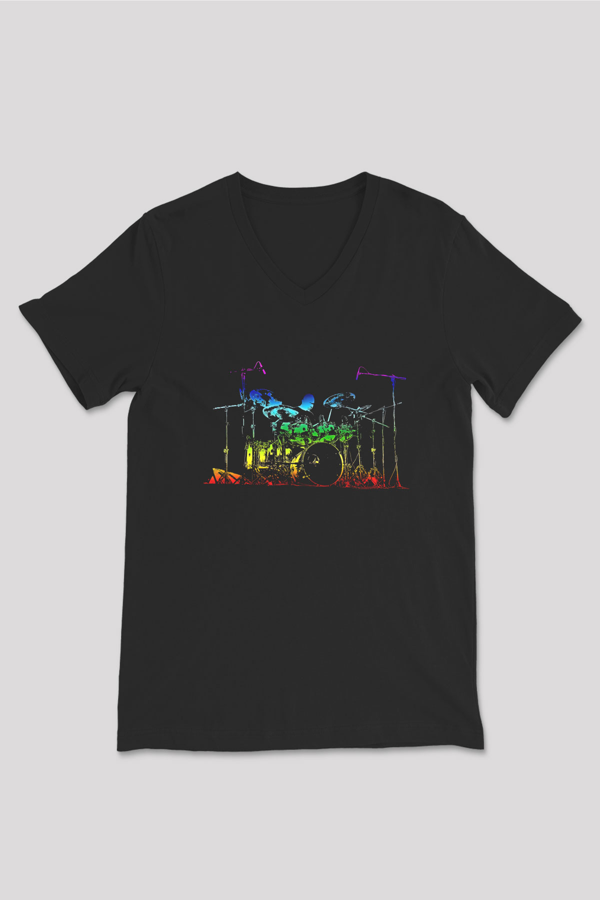 Bateri Baskılı Unisex Siyah V Yaka Tişört - Tshirt