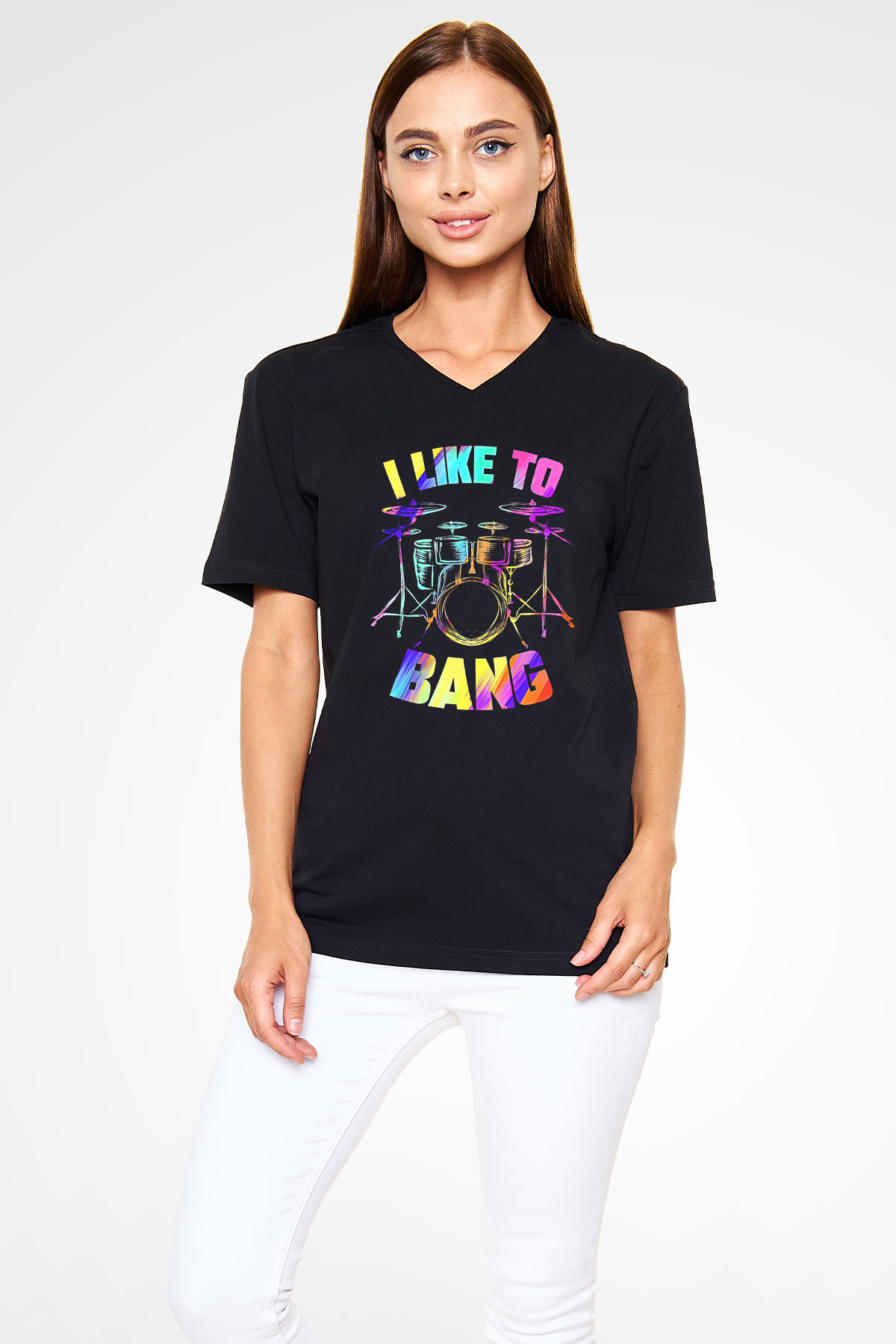 Bateri Baskılı Unisex Siyah V Yaka Tişört - Tshirt