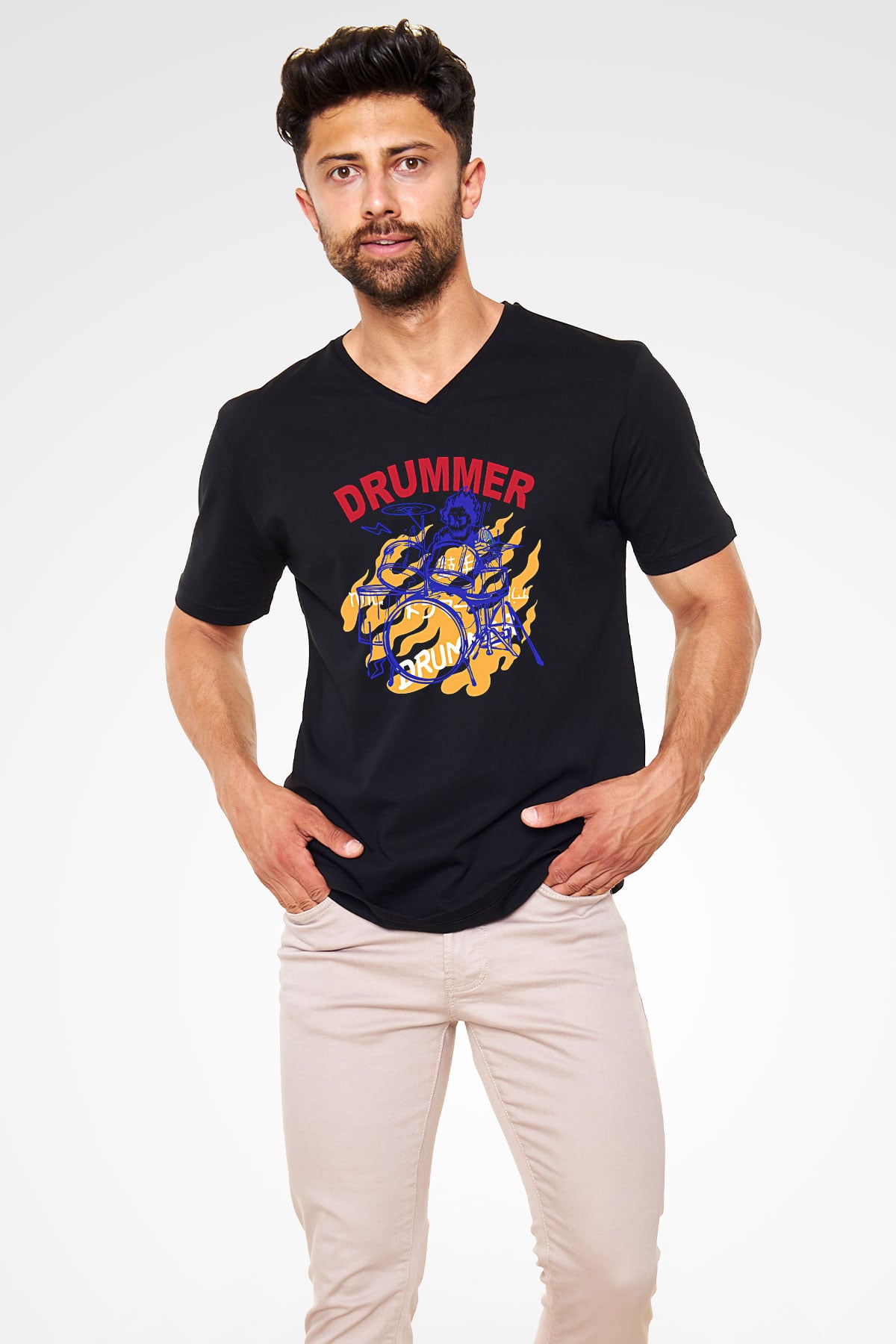 Bateri Baskılı Unisex Siyah V Yaka Tişört - Tshirt