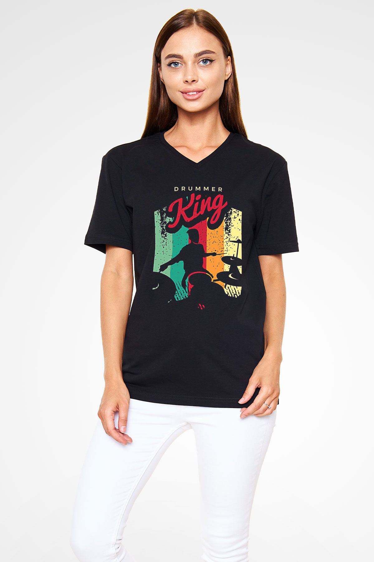 Bateri Baskılı Unisex Siyah V Yaka Tişört - Tshirt