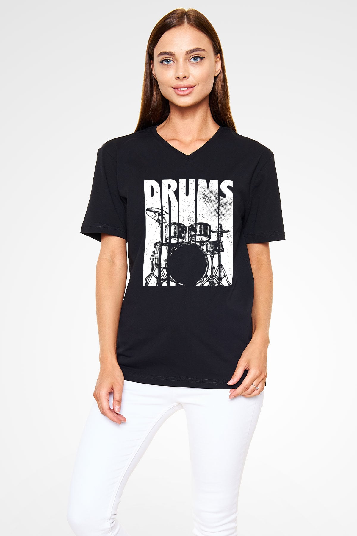 Bateri Baskılı Unisex Siyah V Yaka Tişört - Tshirt